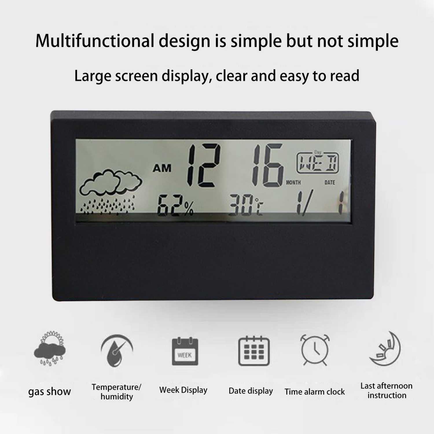 Réveille-matin numérique avec écran LCD transparent, affichage de la météo, écran de température et d'humidité, rappel de rappel d'alarme, rappel