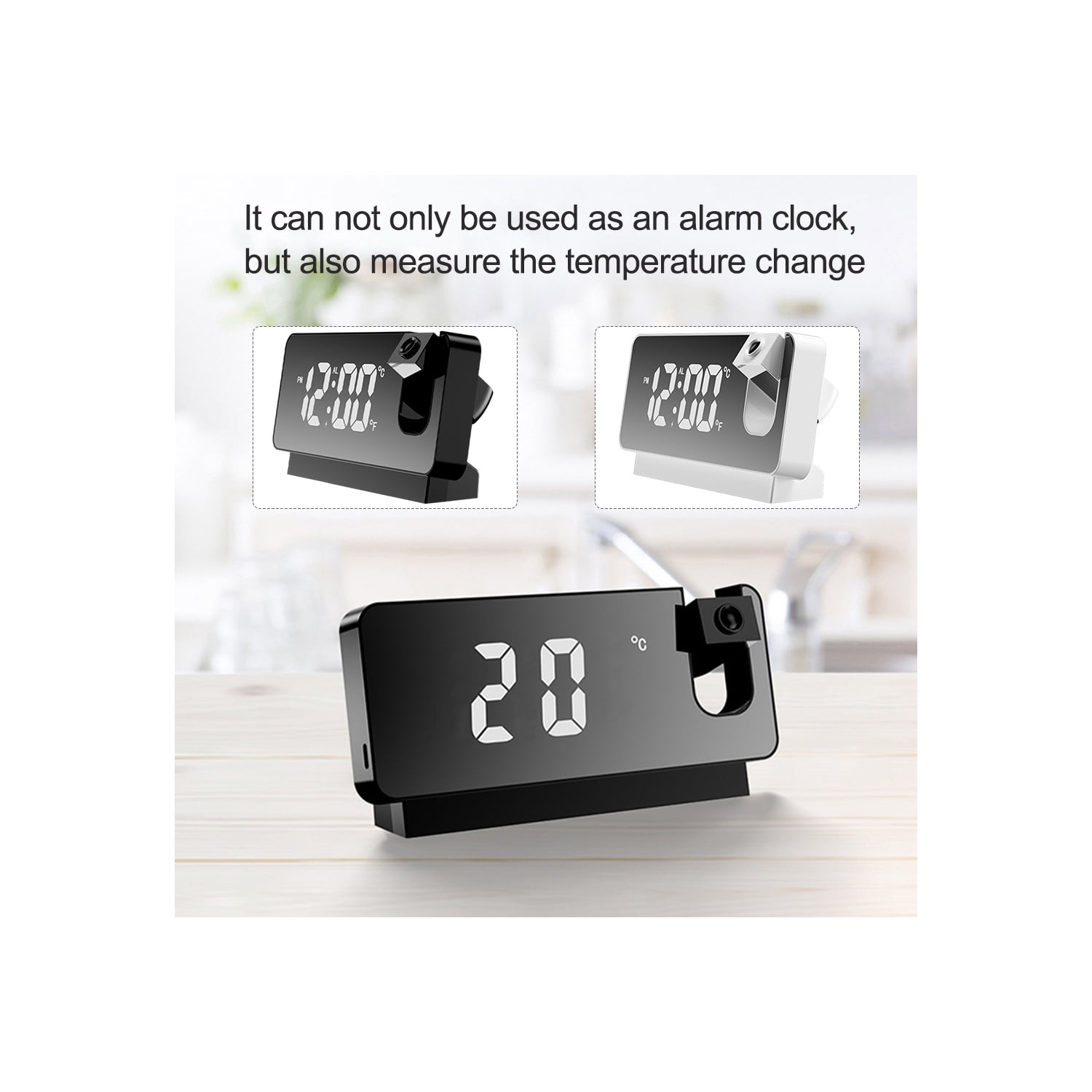 Réveille-matin avec projecteur, écran LED, réveil numérique, miroir silencieux, USB, horloge de bureau, projecteur 180° pour chambre, affichage