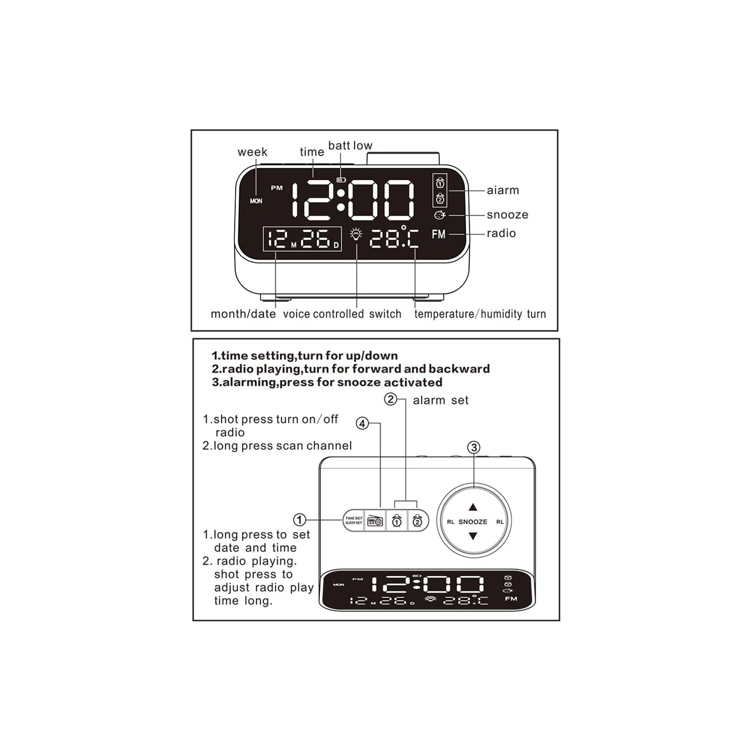 Radio-réveil numérique, radio-réveil numérique LED avec radio FM, température rechargeable réglable et hygromètre avec fonction de rappel d'alarme