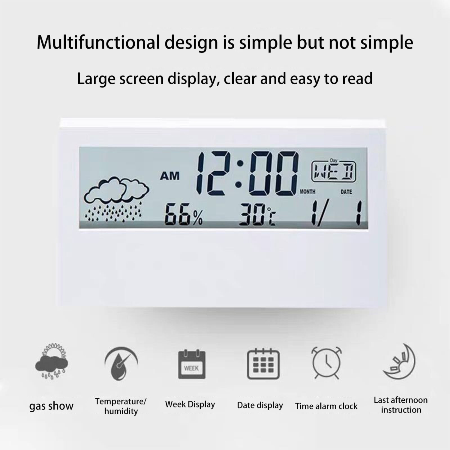 Digital alarm clock with transparent LCD screen, weather display, temperature and humidity screen, snooze alarm clock, electronic time management