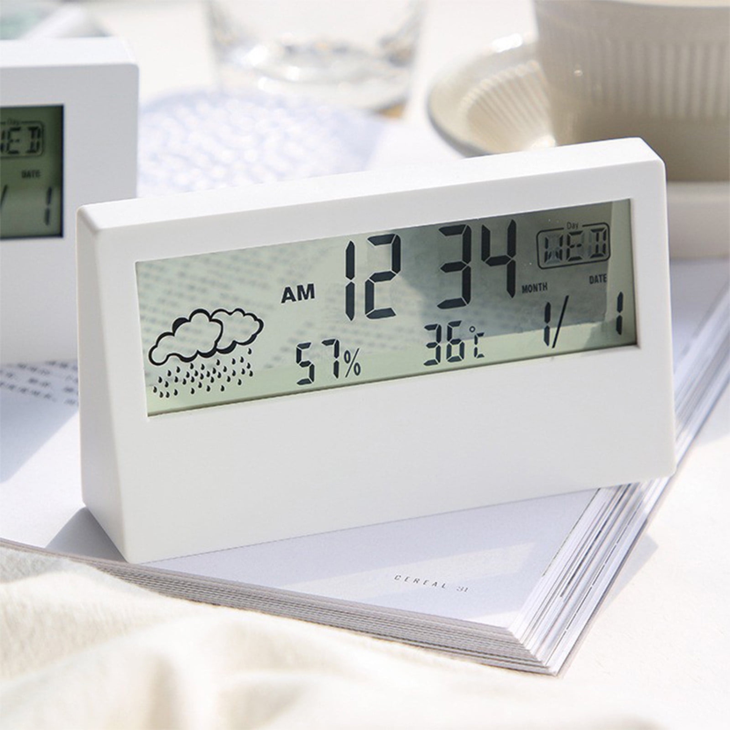 Digital alarm clock with transparent LCD screen, weather display, temperature and humidity screen, snooze alarm clock, electronic time management