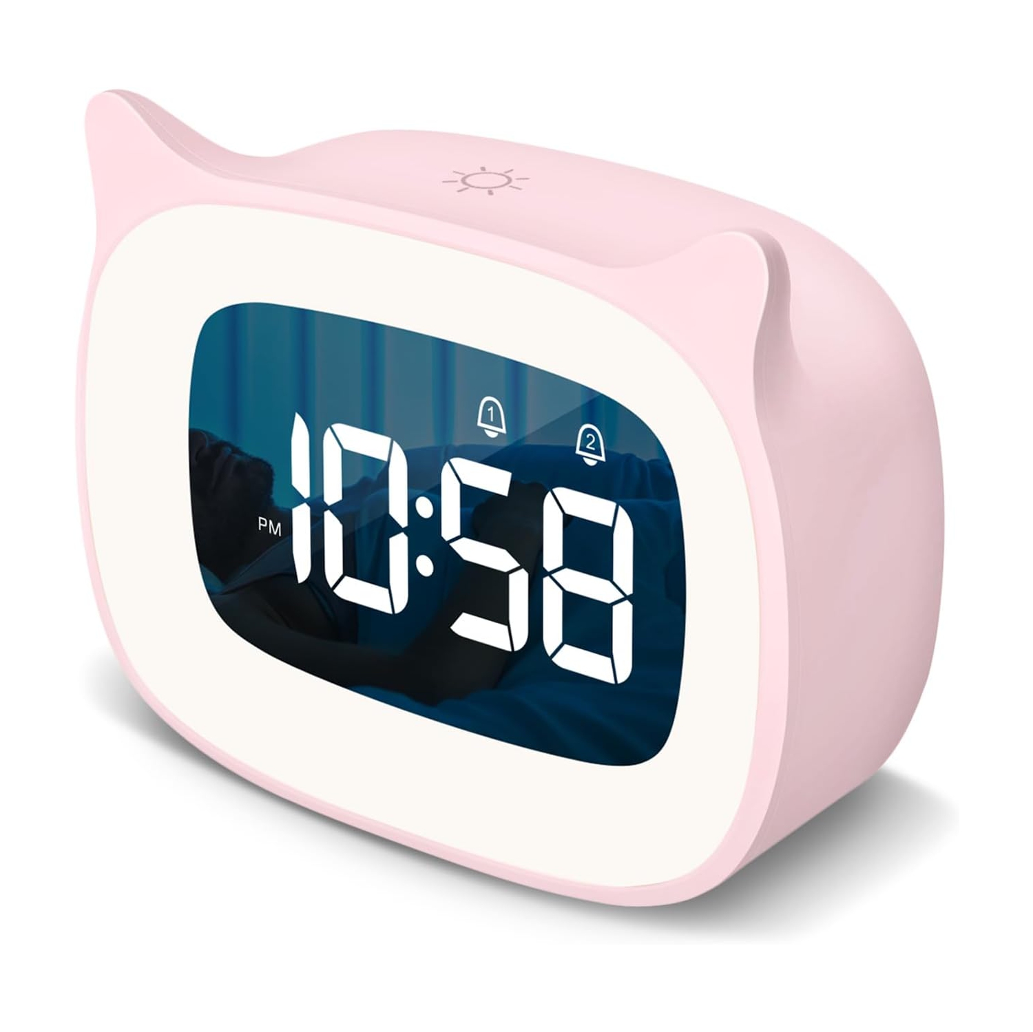 Kids Alarm Clock with Night Light and 18 Ringtones, Rechargeable, Cute Cat Ear Clock, Perfect for Boys and Girls Birthday Gift, Digital Clock for