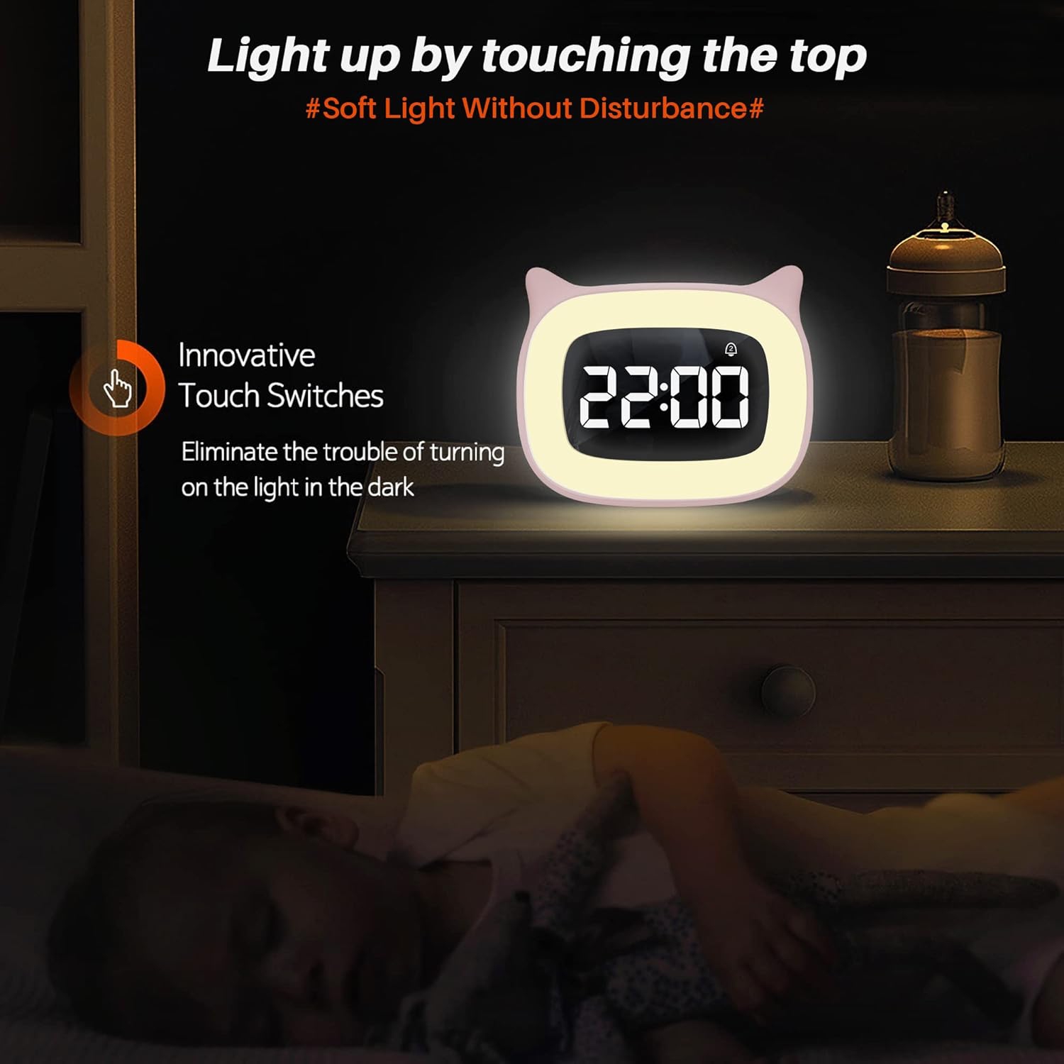 Kids Alarm Clock with Night Light and 18 Ringtones, Rechargeable, Cute Cat Ear Clock, Perfect for Boys and Girls Birthday Gift, Digital Clock for