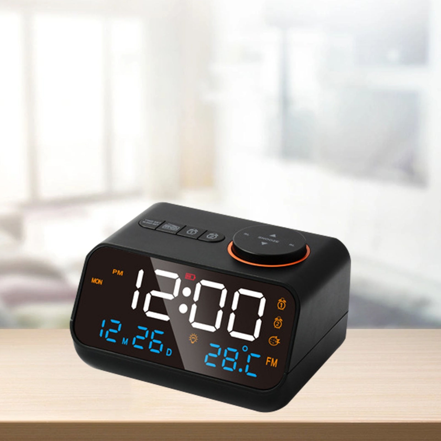 Digital Radio Alarm Clock, LED Digital Alarm Clock with FM Radio, Dimmable Rechargeable Temperature and Hygrometer with Snooze Function for Bedroom