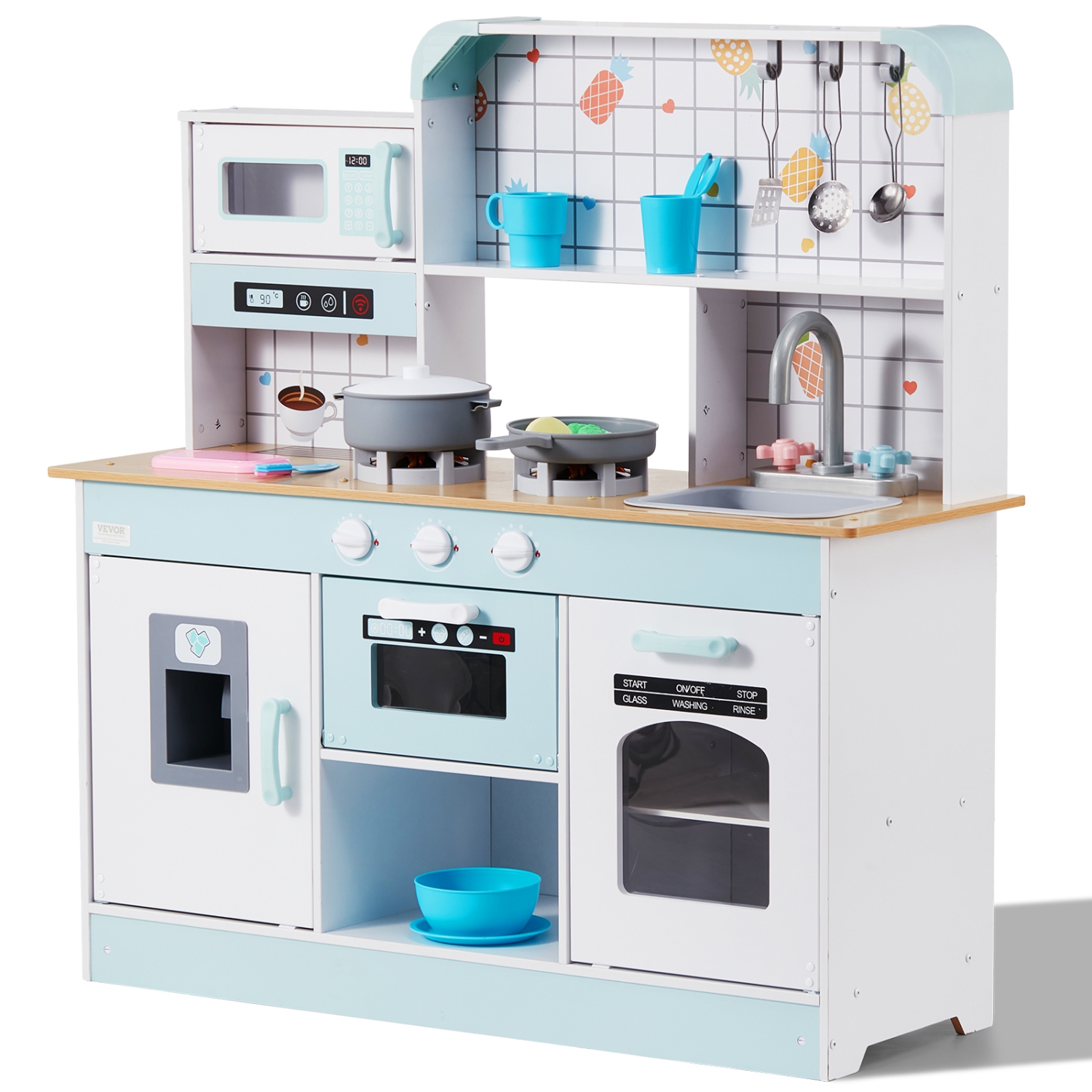 VEVOR Play Kitchen for Kids, Wooden Toy Kitchen Set with Lights and Sounds, Toddler Kitchen with Ice Maker, Oven, Sink, Microwaves, Fridge and