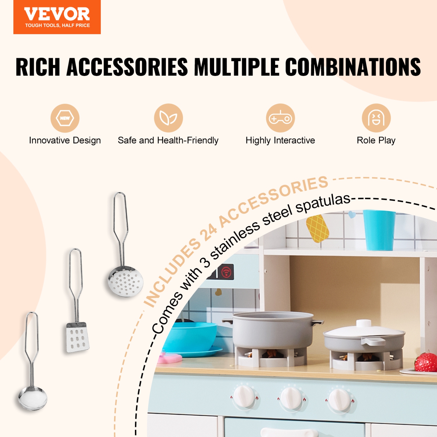 VEVOR Play Kitchen for Kids, Wooden Toy Kitchen Set with Lights and Sounds, Toddler Kitchen with Ice Maker, Oven, Sink, Microwaves, Fridge and
