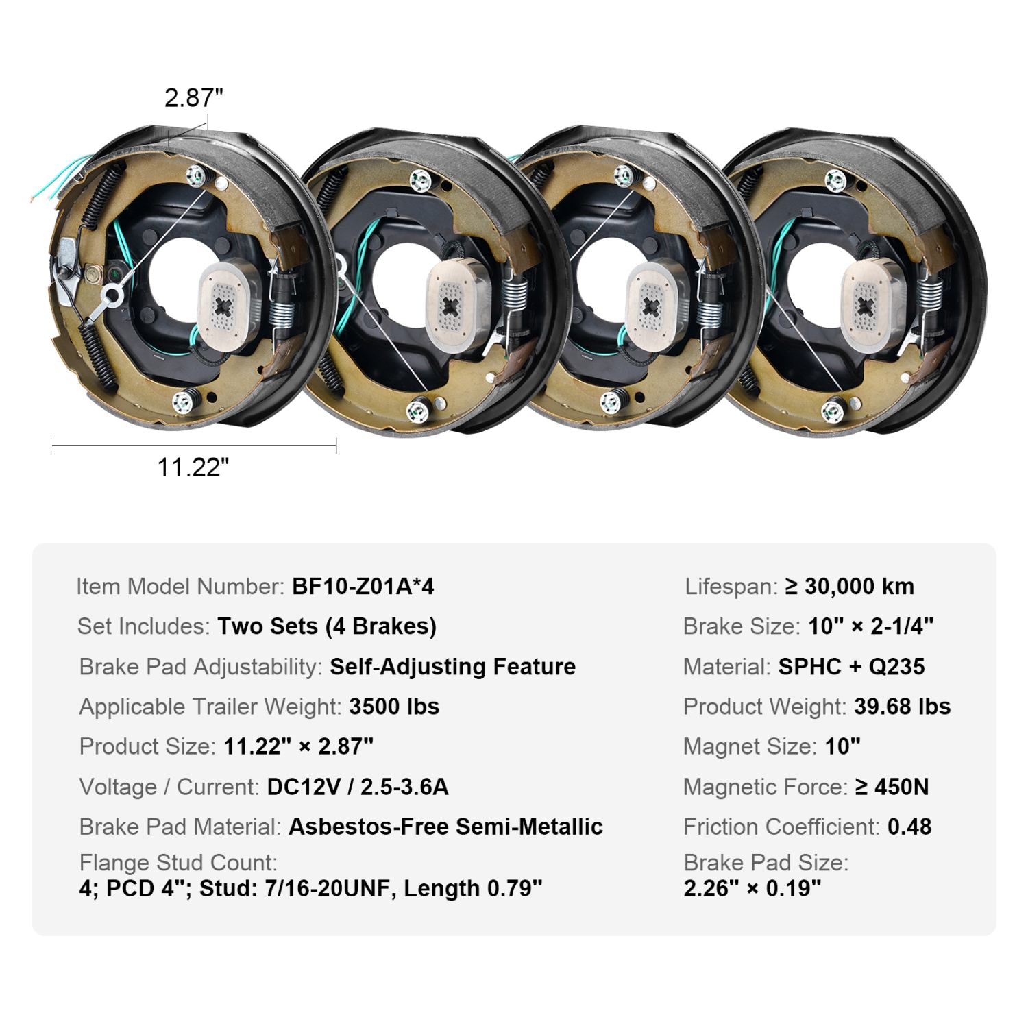 VEVOR 10" x 2-1/4" Electric Trailer Brake Assembly, 2 Pairs Self-Adjusting Electric Brakes Kit for 3500 lbs Axle, 4-Hole Mounting,for Brake System