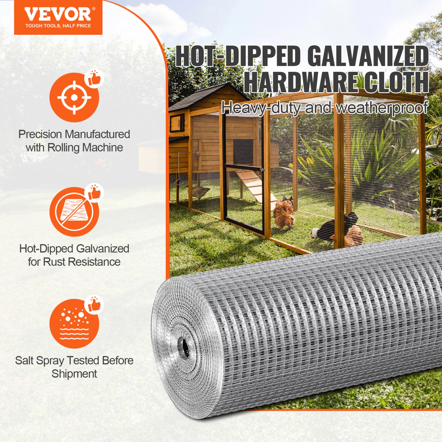 VEVOR 1/2 inch 24in x 100 ft Hardware Cloth, 19 Gauge, Hot Dipped Galvanized Wire Mesh Roll, Chicken Wire Fencing, Wire Mesh for Rabbit Cages,