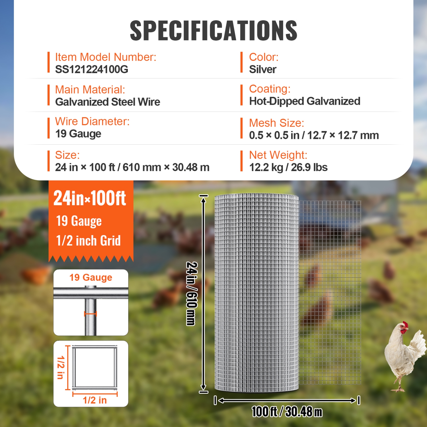 VEVOR 1/2 inch 24in x 100 ft Hardware Cloth, 19 Gauge, Hot Dipped Galvanized Wire Mesh Roll, Chicken Wire Fencing, Wire Mesh for Rabbit Cages,