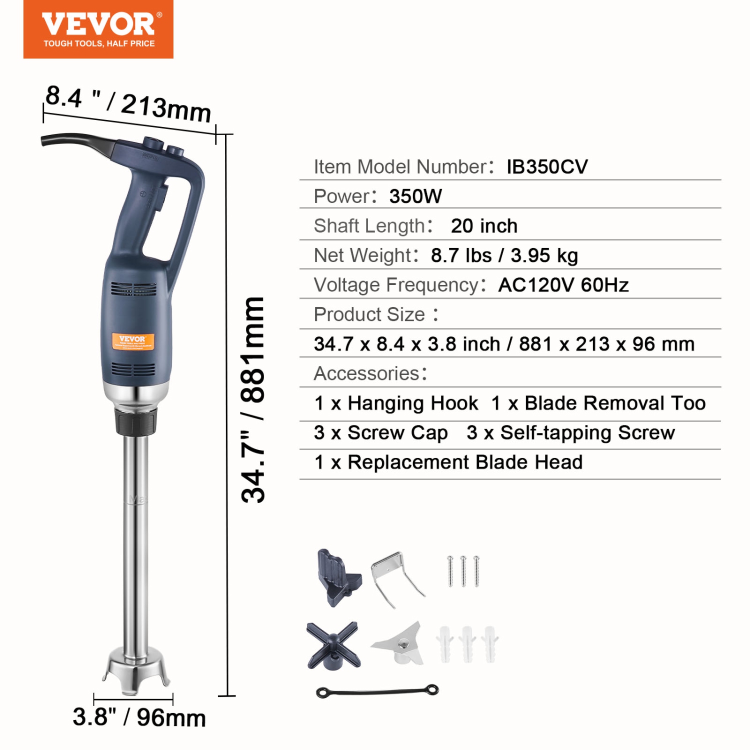 VEVOR Commercial Immersion Blender, 350W Heavy Duty Hand Mixer, 20 inch Stepless Variable Speed Mixer with Stainless Steel Blade, Multi-Purpose