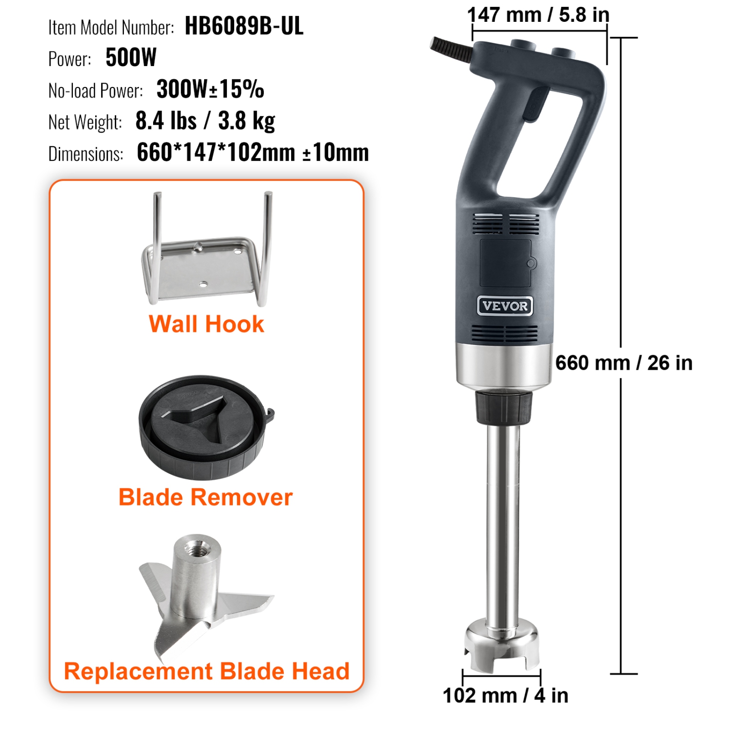 VEVOR Commercial Immersion Blender, 500 Watt Heavy Duty Hand Mixer, Variable Speed Kitchen Stick Mixer with 304 Stainless Steel Blade, Multi-Purpose