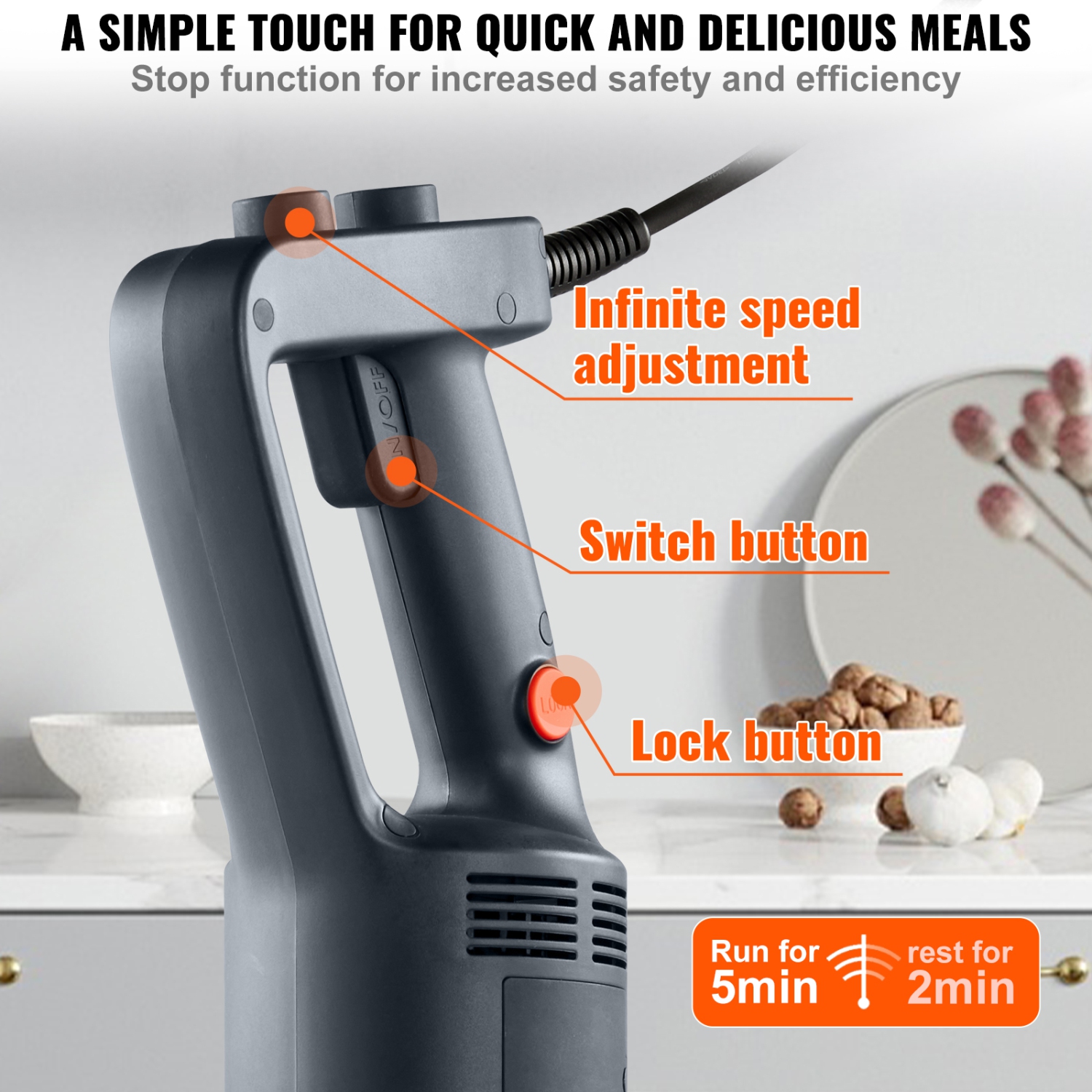 VEVOR Commercial Immersion Blender, 500 Watt Heavy Duty Hand Mixer, Variable Speed Kitchen Stick Mixer with 304 Stainless Steel Blade, Multi-Purpose