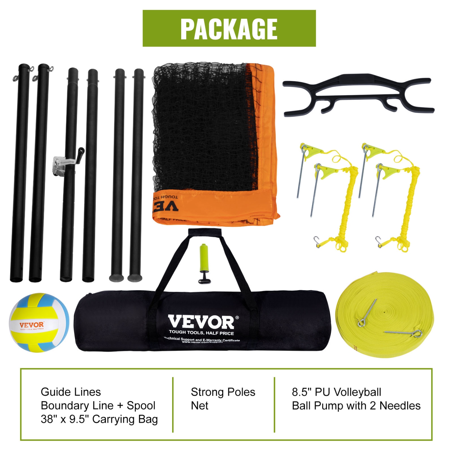 VEVOR Outdoor Portable Volleyball Net System, Adjustable Height Aluminum Poles, Professional Volleyball Set with PVC Volleyball, Pump, Carrying Bag,
