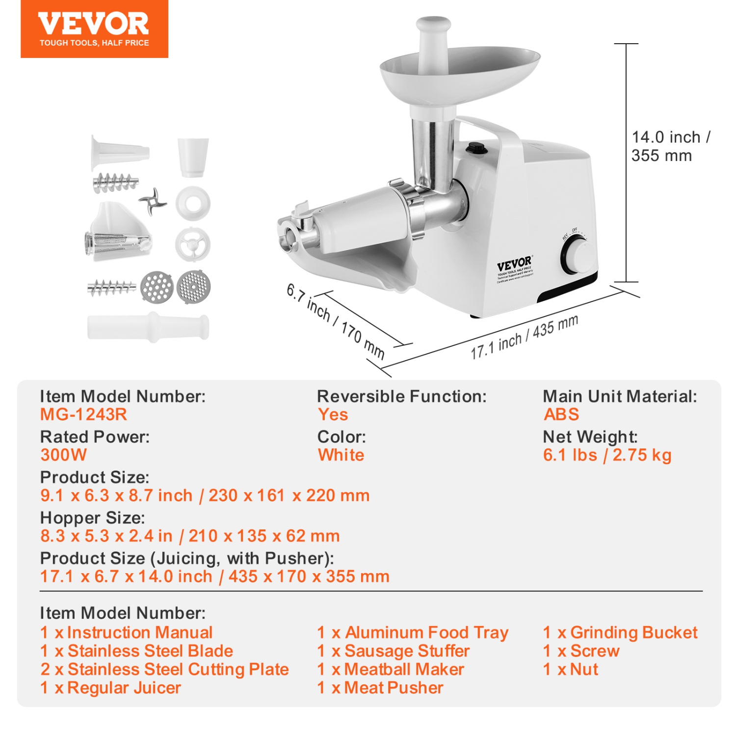 VEVOR Electric Tomato Strainer, 300W Tomato Sauce Maker Machine, 4 LBS/Min Food Strainer and Sauce Maker, Pure Copper Motor Food Mill with Reverse