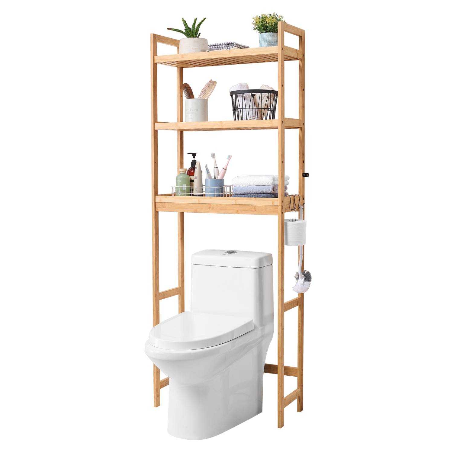 VEVOR Over the Toilet Storage, 3-Tier Adjustable Over Toilet Organizer, Bamboo Storage Shelf Rack with 3 Hooks, Freestanding Easy Assembly Laundry