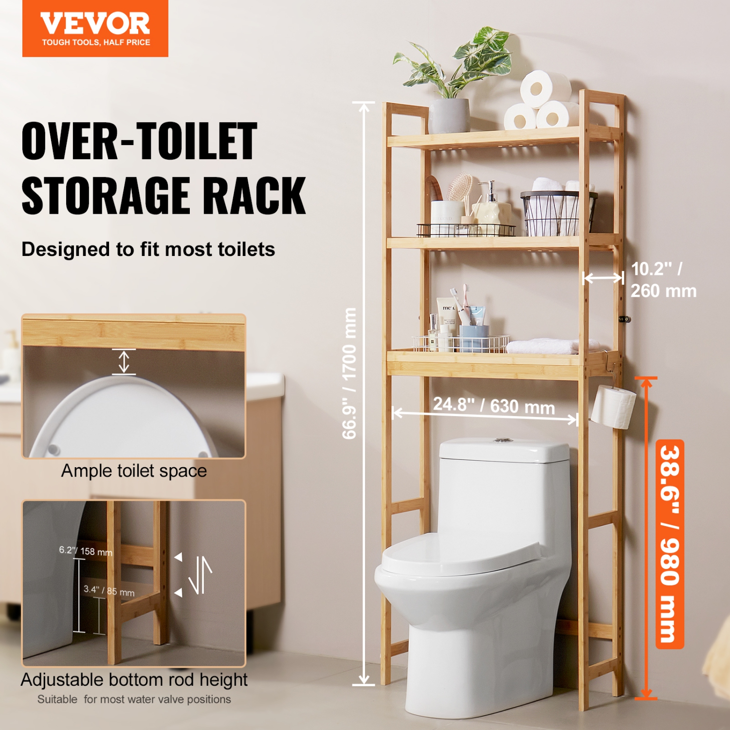 VEVOR Over the Toilet Storage, 3-Tier Adjustable Over Toilet Organizer, Bamboo Storage Shelf Rack with 3 Hooks, Freestanding Easy Assembly Laundry