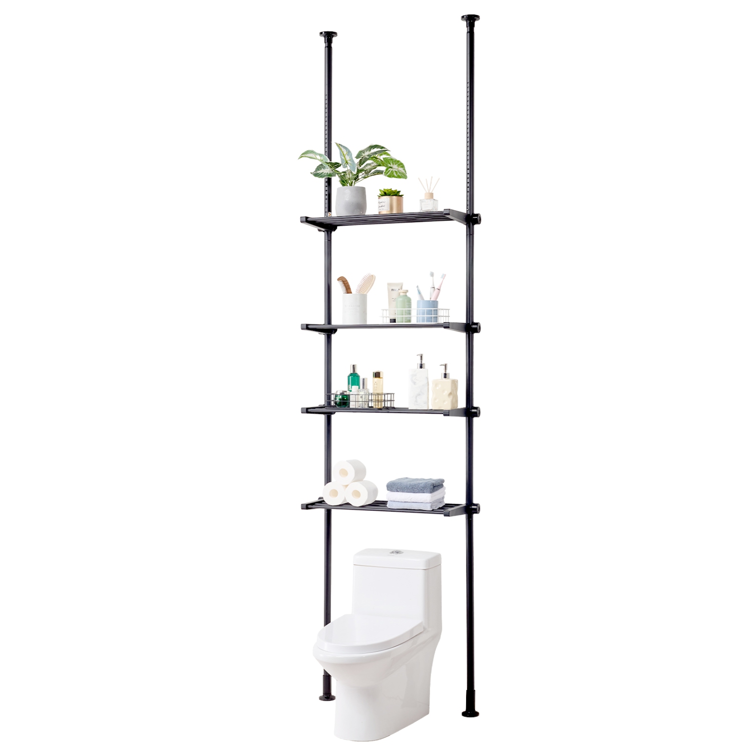 VEVOR Over the Toilet Storage, 4-Tier Adjustable Over Toilet Organizer, Low-carbon Steel 53"-132" Tall Storage Shelf Rack, Easy Assembly Laundry