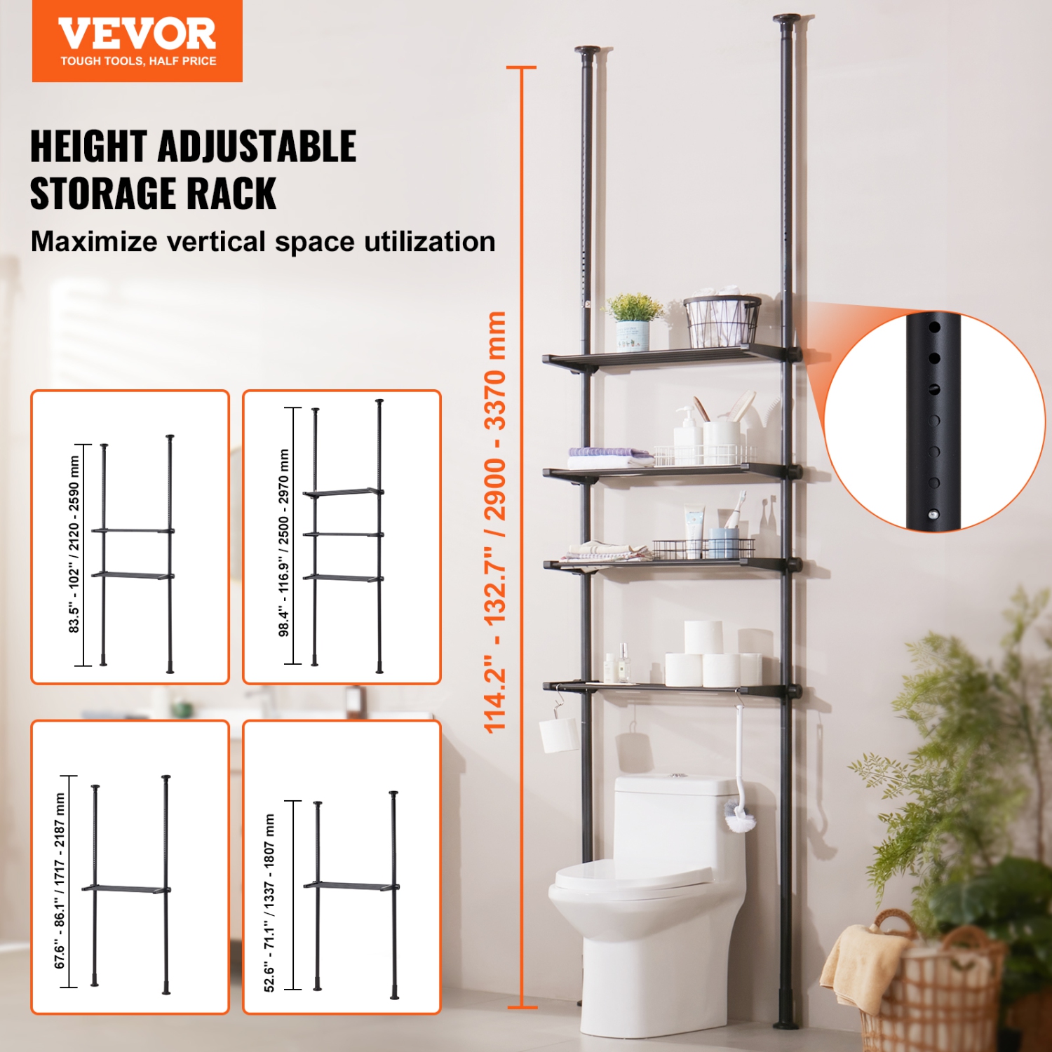 VEVOR Over the Toilet Storage, 4-Tier Adjustable Over Toilet Organizer, Low-carbon Steel 53"-132" Tall Storage Shelf Rack, Easy Assembly Laundry