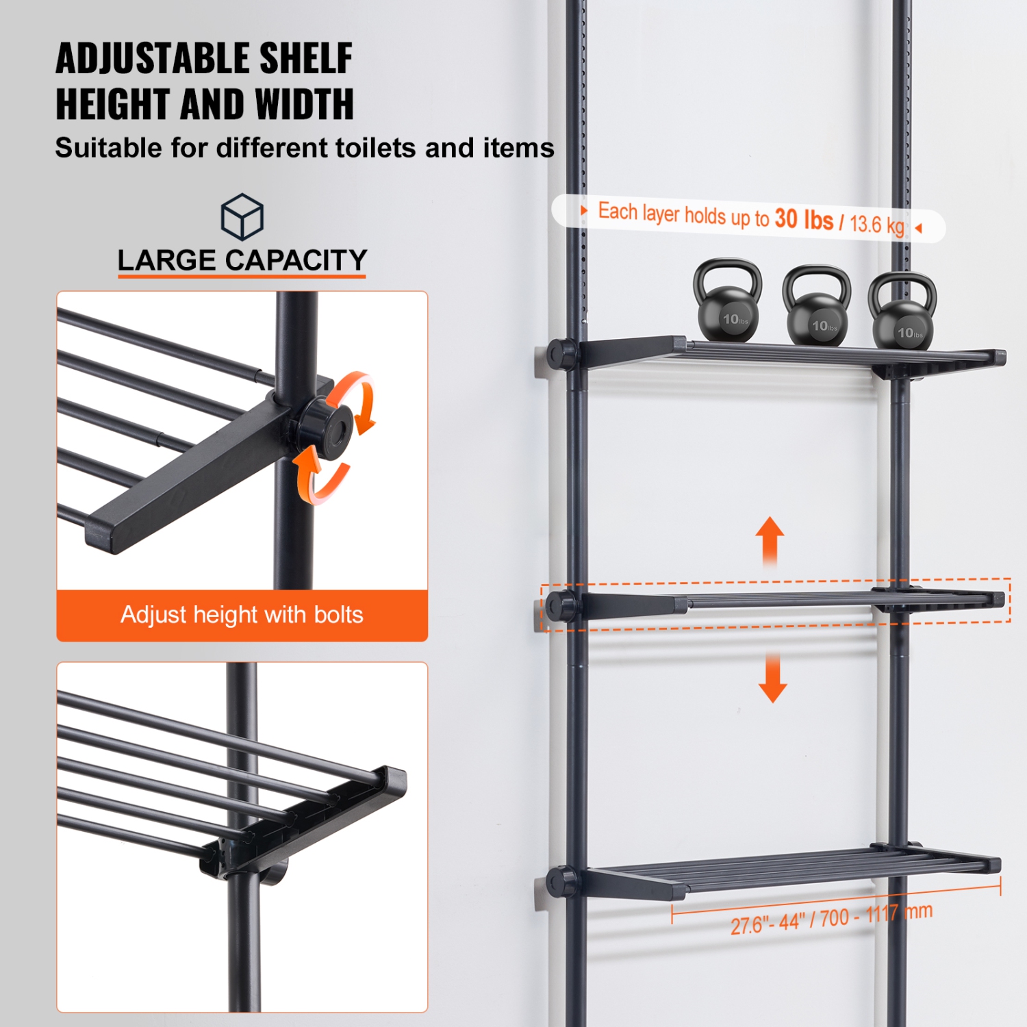 VEVOR Over the Toilet Storage, 4-Tier Adjustable Over Toilet Organizer, Low-carbon Steel 53"-132" Tall Storage Shelf Rack, Easy Assembly Laundry