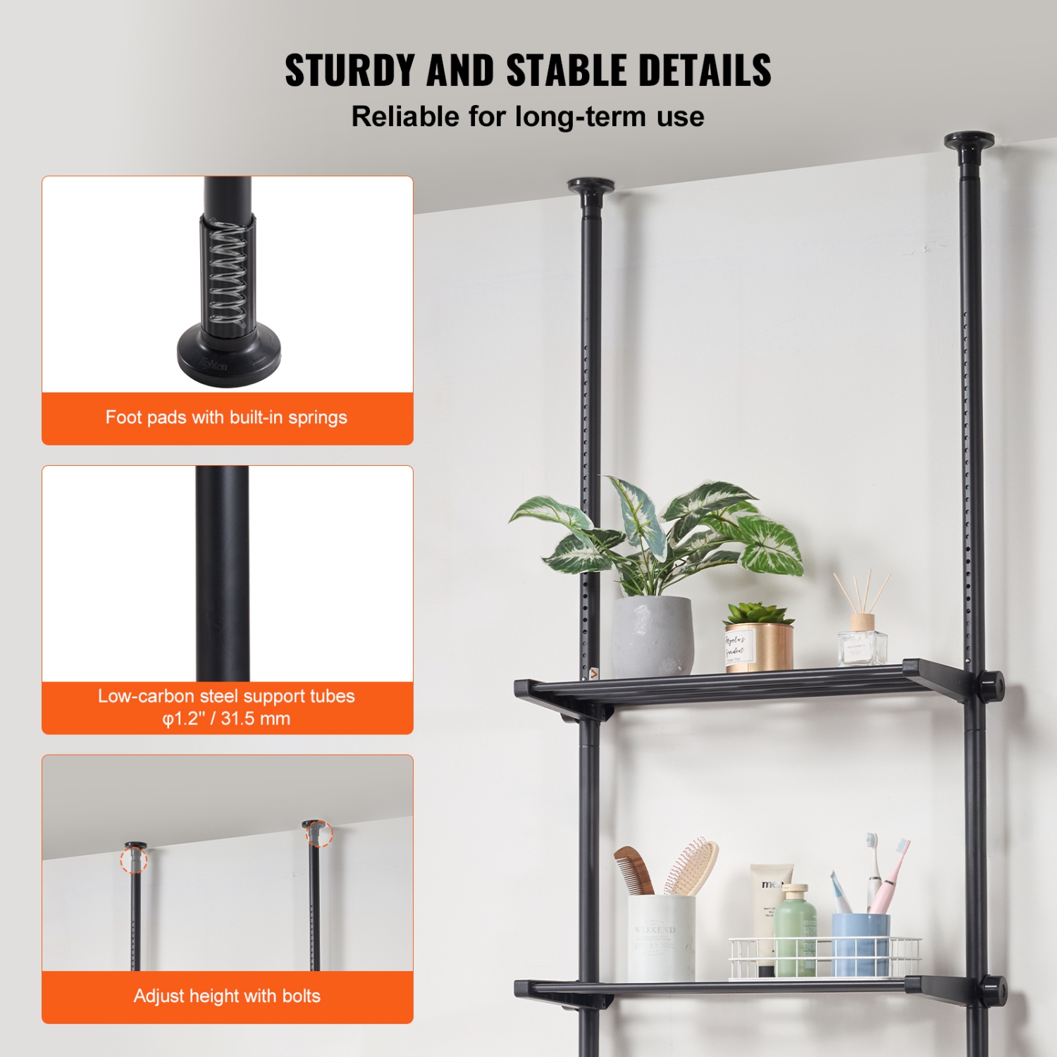 VEVOR Over the Toilet Storage, 4-Tier Adjustable Over Toilet Organizer, Low-carbon Steel 53"-132" Tall Storage Shelf Rack, Easy Assembly Laundry
