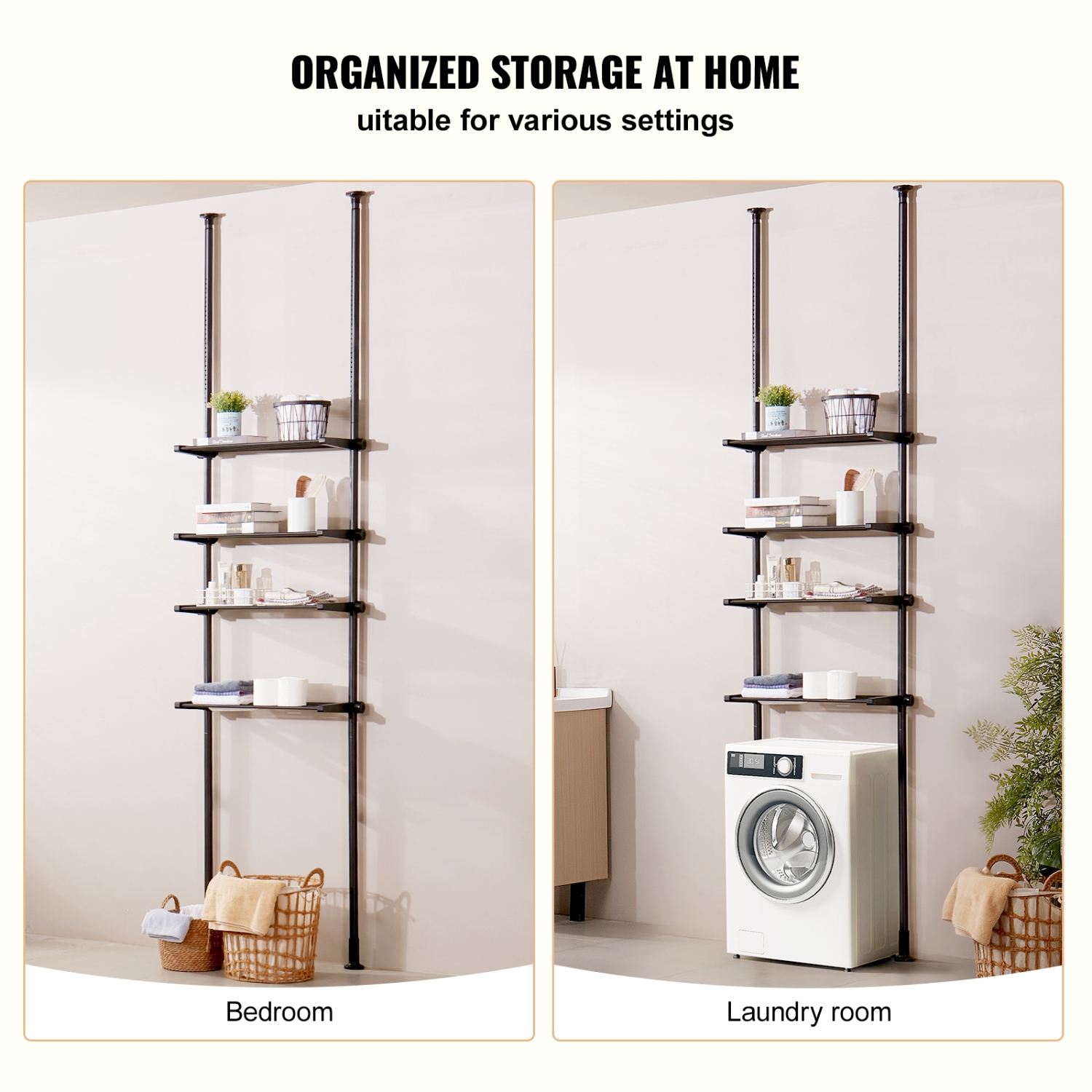VEVOR Over the Toilet Storage, 4-Tier Adjustable Over Toilet Organizer, Low-carbon Steel 53"-132" Tall Storage Shelf Rack, Easy Assembly Laundry