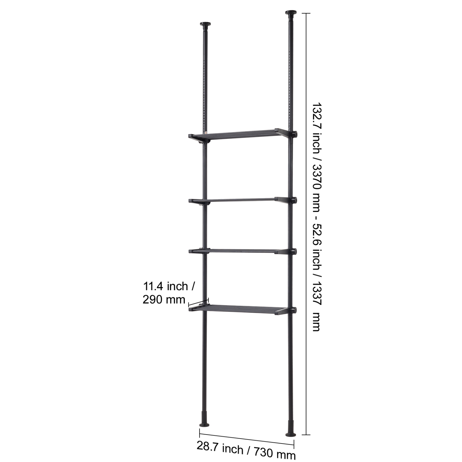 VEVOR Over the Toilet Storage, 4-Tier Adjustable Over Toilet Organizer, Low-carbon Steel 53"-132" Tall Storage Shelf Rack, Easy Assembly Laundry
