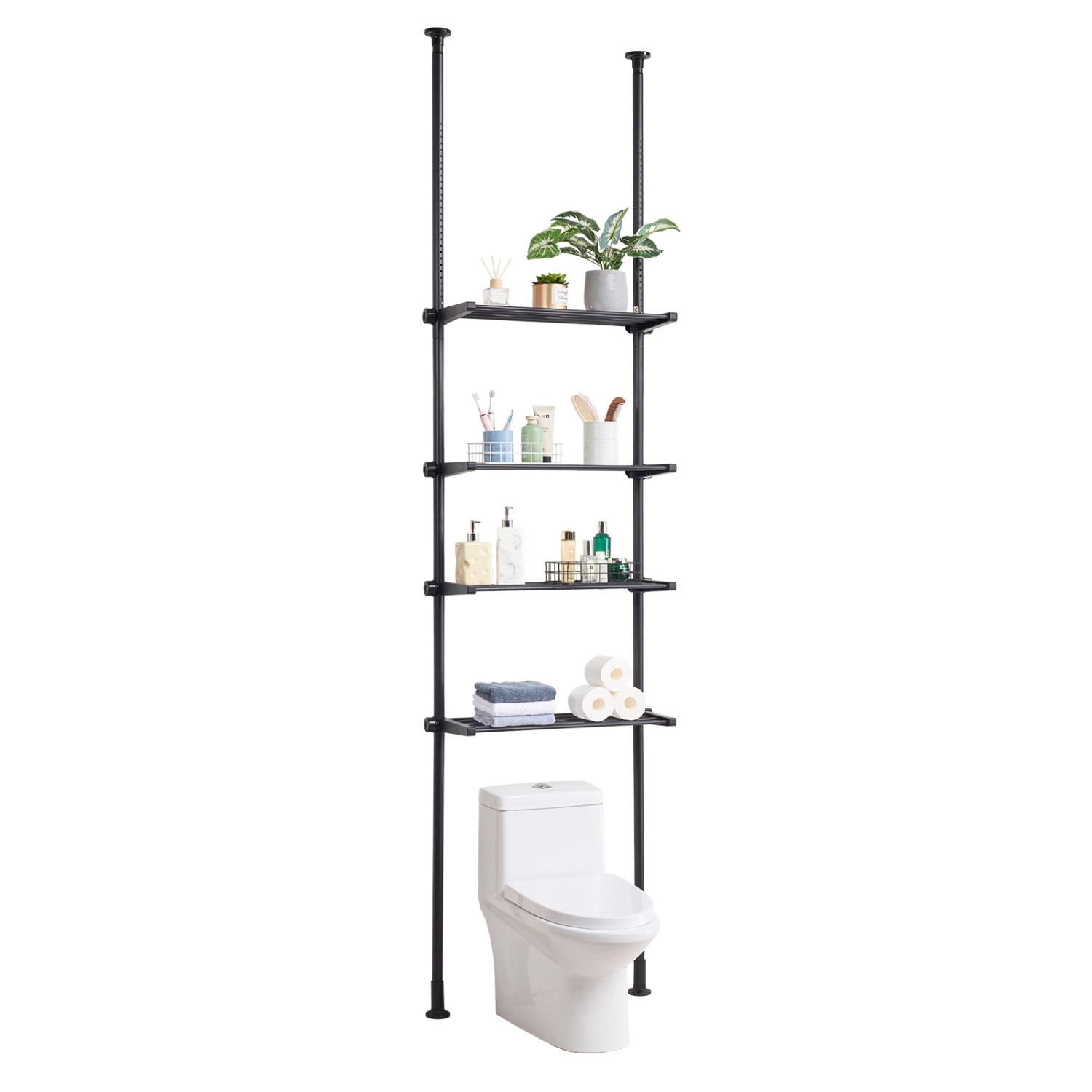VEVOR Over the Toilet Storage, 4-Tier Adjustable Over Toilet Organizer, Low-carbon Steel 53"-132" Tall Storage Shelf Rack, Easy Assembly Laundry