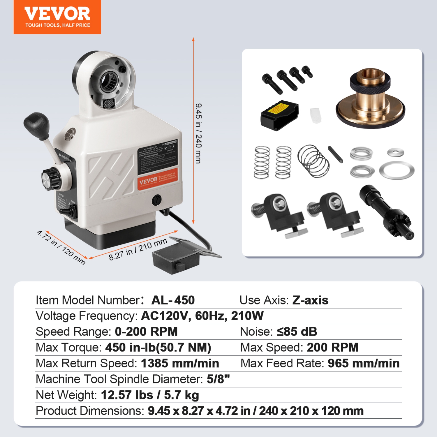 VEVOR 450 in-lb Z-Axis Power Feed for Milling Machine, Torque, 0-200RPM Rotate Speed 120V Power Table Feed Mill Feeder, for Bridgeport Some Mills