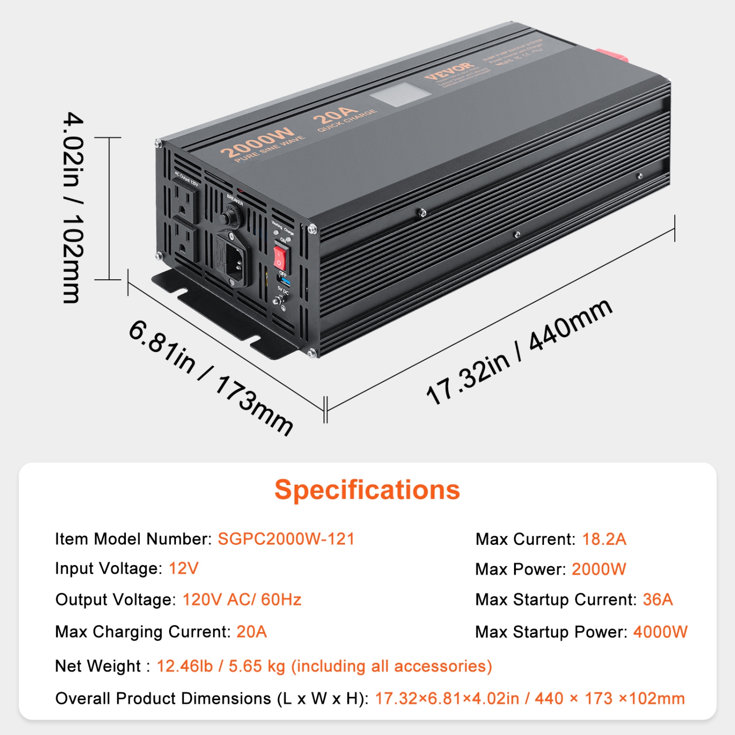 VEVOR 2000W Sump Pump Battery Backup with LCD, Automatically Shifts to Inverter Power Ensuring Uninterrupted Operation, Essential for Emergencies &