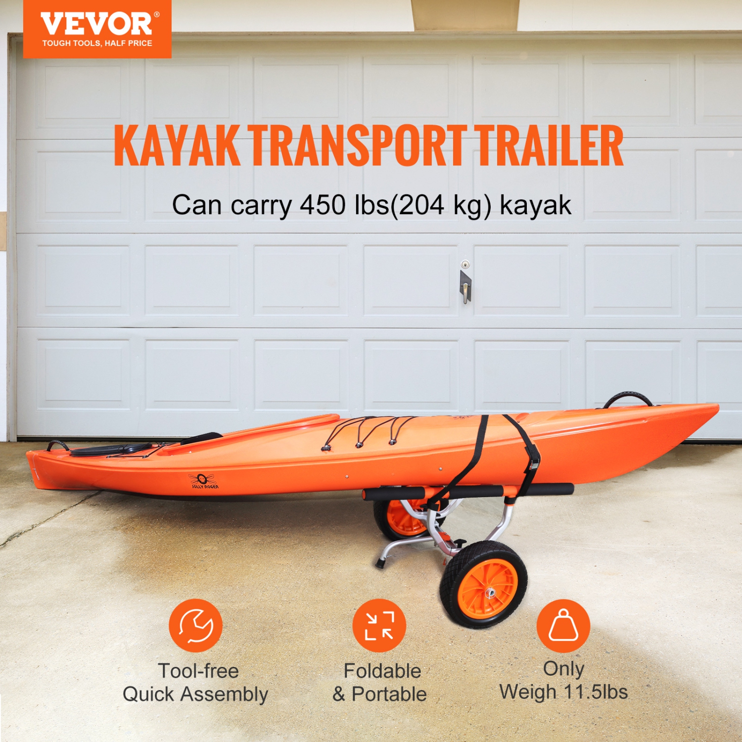 VEVOR Heavy Duty Kayak Cart, 450lbs Load Capacity, Detachable Canoe Trolley Cart with 12'' Solid Tires, Adjustable Width & Nonslip Support Foot, for