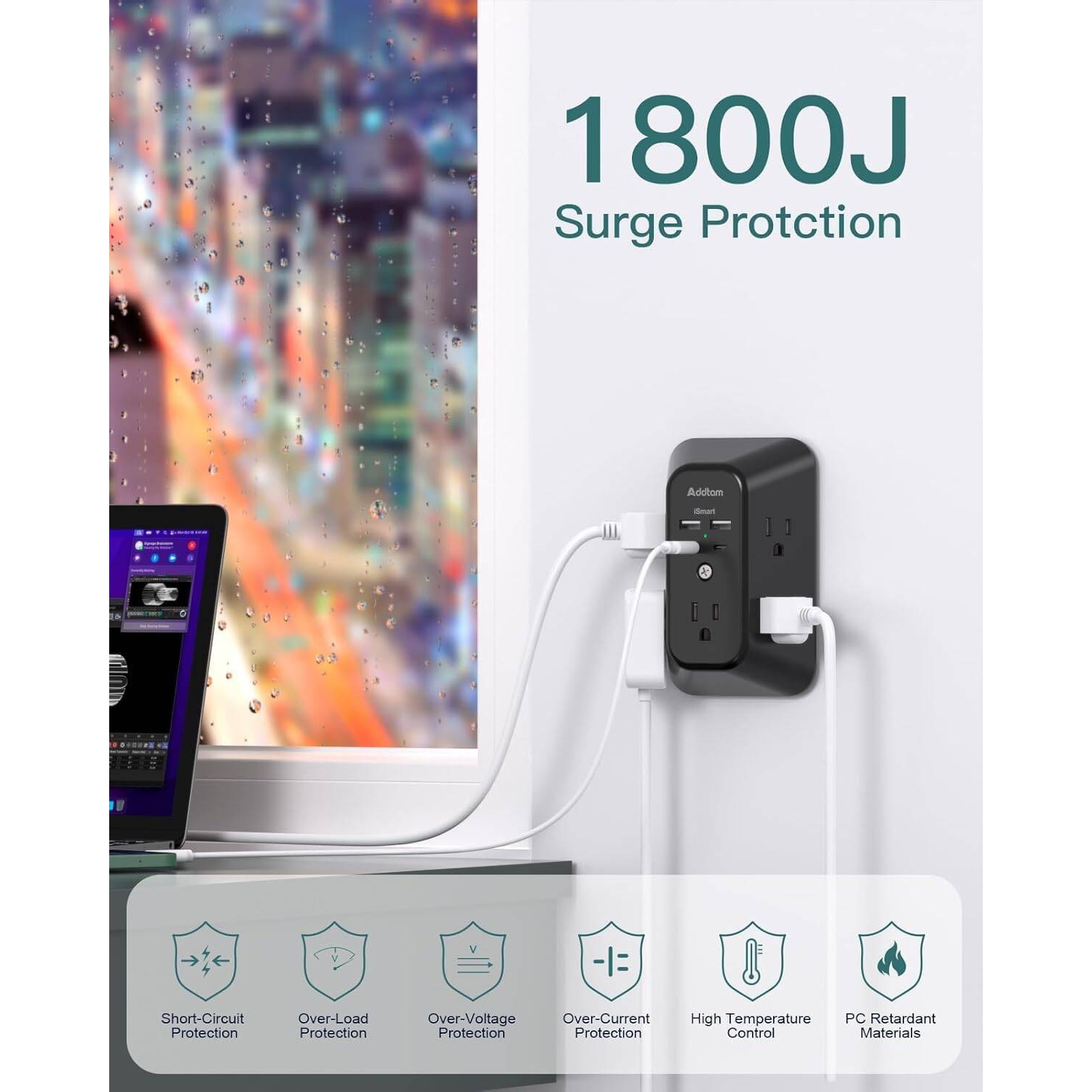 Surge Protector 5 Outlet Extender with 4 USB Charging Ports, USB Wall Charger, Multi Plug Outlet, 3-Sided 1800J Power Strip Outlets Splitter Wall