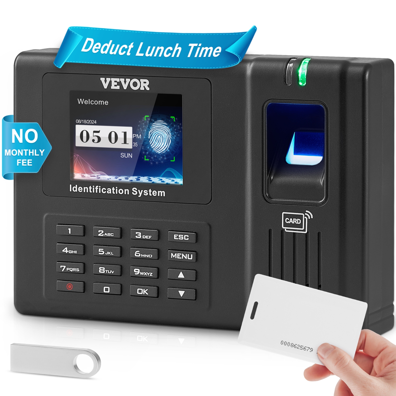 VEVOR Time Clock, Fingerprint Time Clocks for Employees Small Business, Biometric Time Clock with 5 RFID Cards & USB Drive, Automatic Punch In/Out,