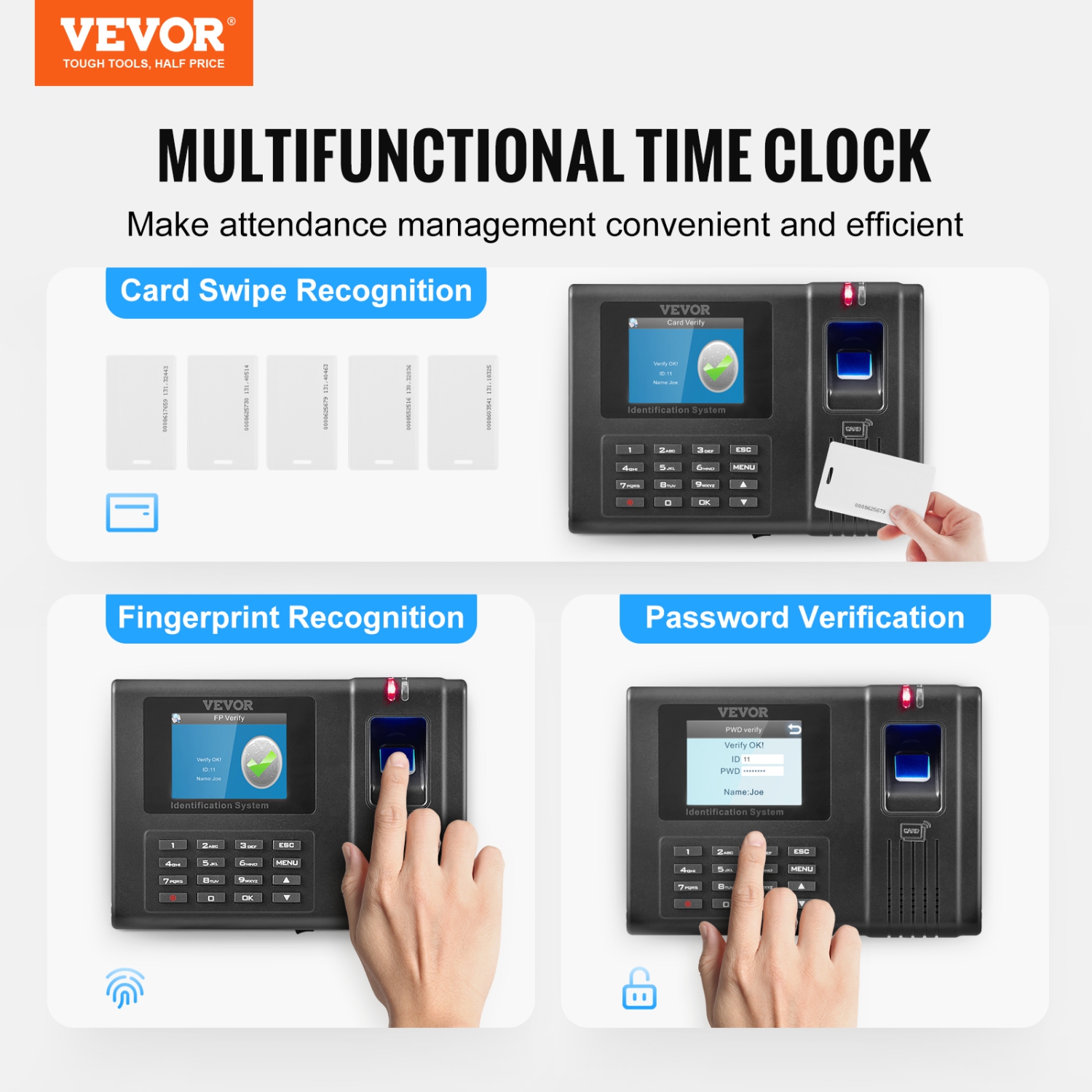 VEVOR Time Clock, Fingerprint Time Clocks for Employees Small Business, Biometric Time Clock with 5 RFID Cards & USB Drive, Automatic Punch In/Out,