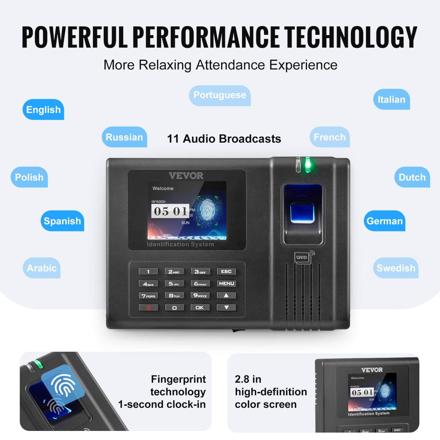 VEVOR Time Clock, Fingerprint Time Clocks for Employees Small Business, Biometric Time Clock with 5 RFID Cards & USB Drive, Automatic Punch In/Out,