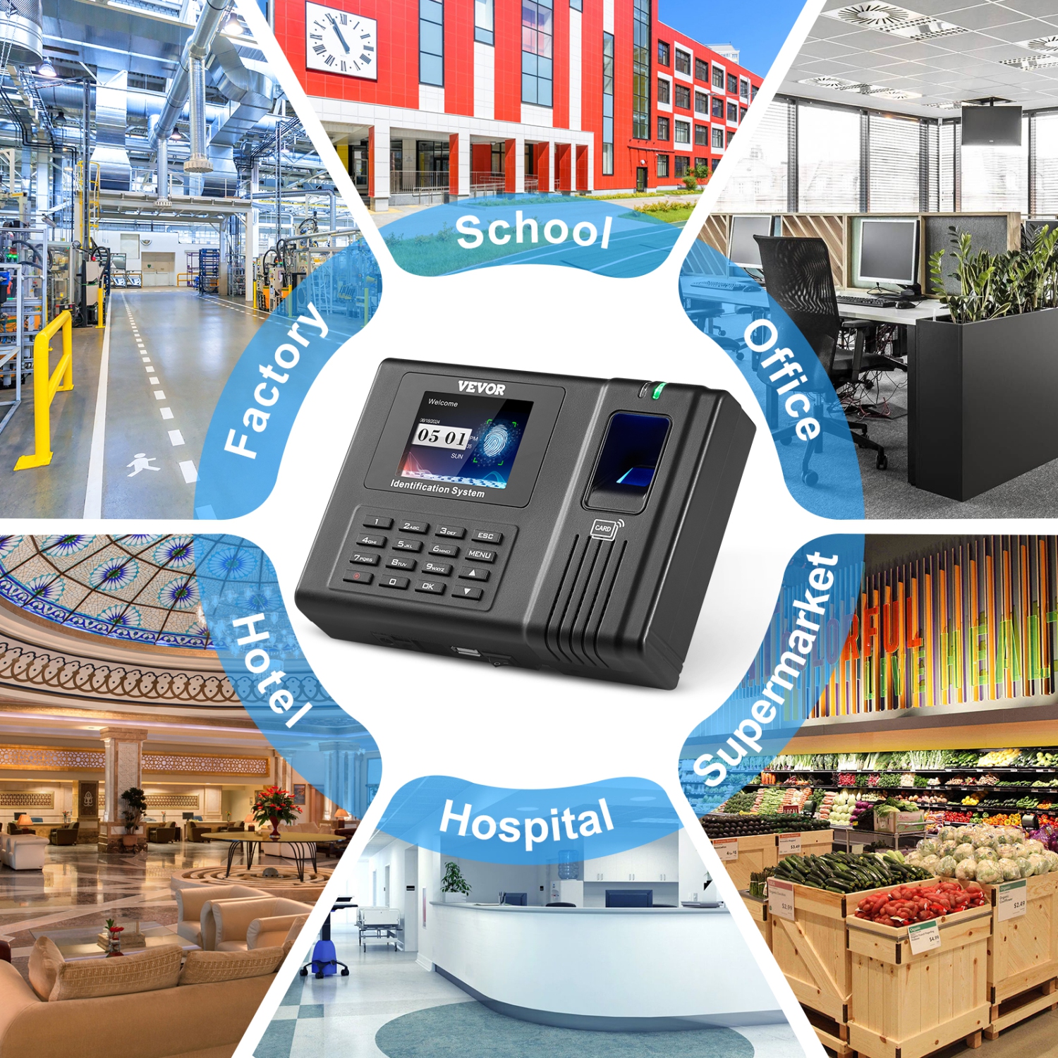 VEVOR Time Clock, Fingerprint Time Clocks for Employees Small Business, Biometric Time Clock with 5 RFID Cards & USB Drive, Automatic Punch In/Out,