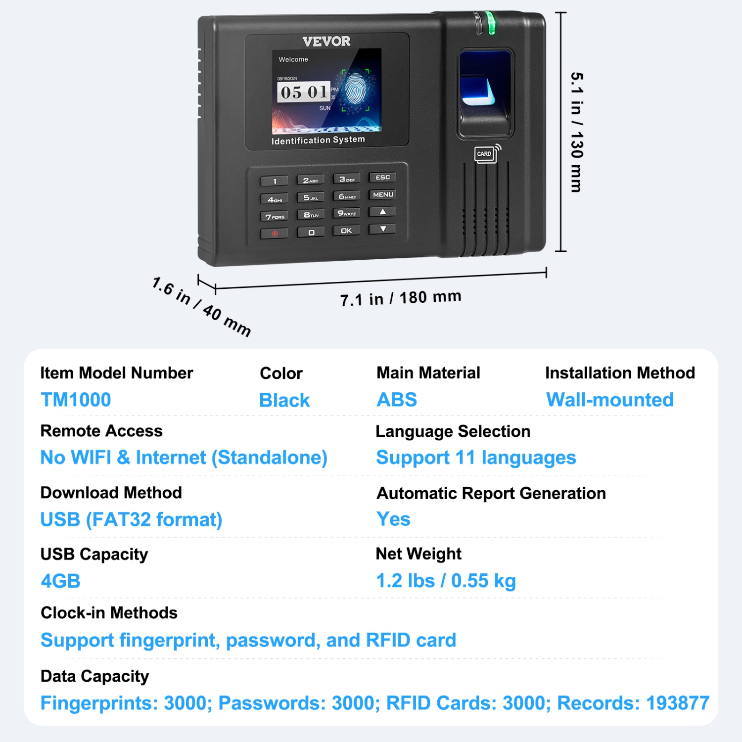 VEVOR Time Clock, Fingerprint Time Clocks for Employees Small Business, Biometric Time Clock with 5 RFID Cards & USB Drive, Automatic Punch In/Out,