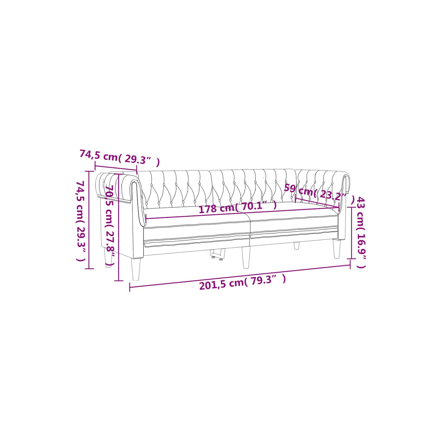 Canapé 3 places Chesterfield vidaXL, tissu gris foncé