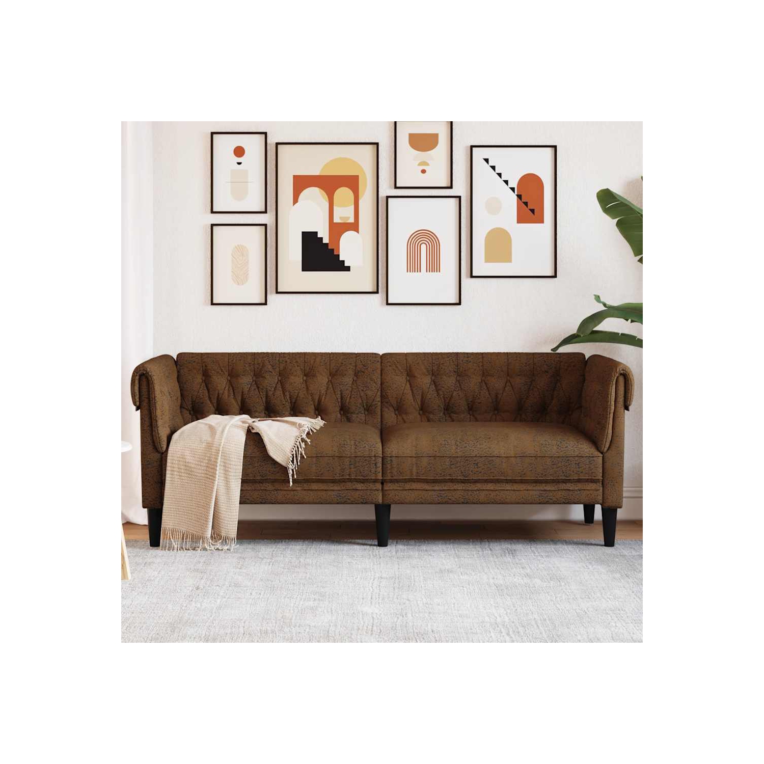 Canapé 3 places Chesterfield vidaXL, tissu brun