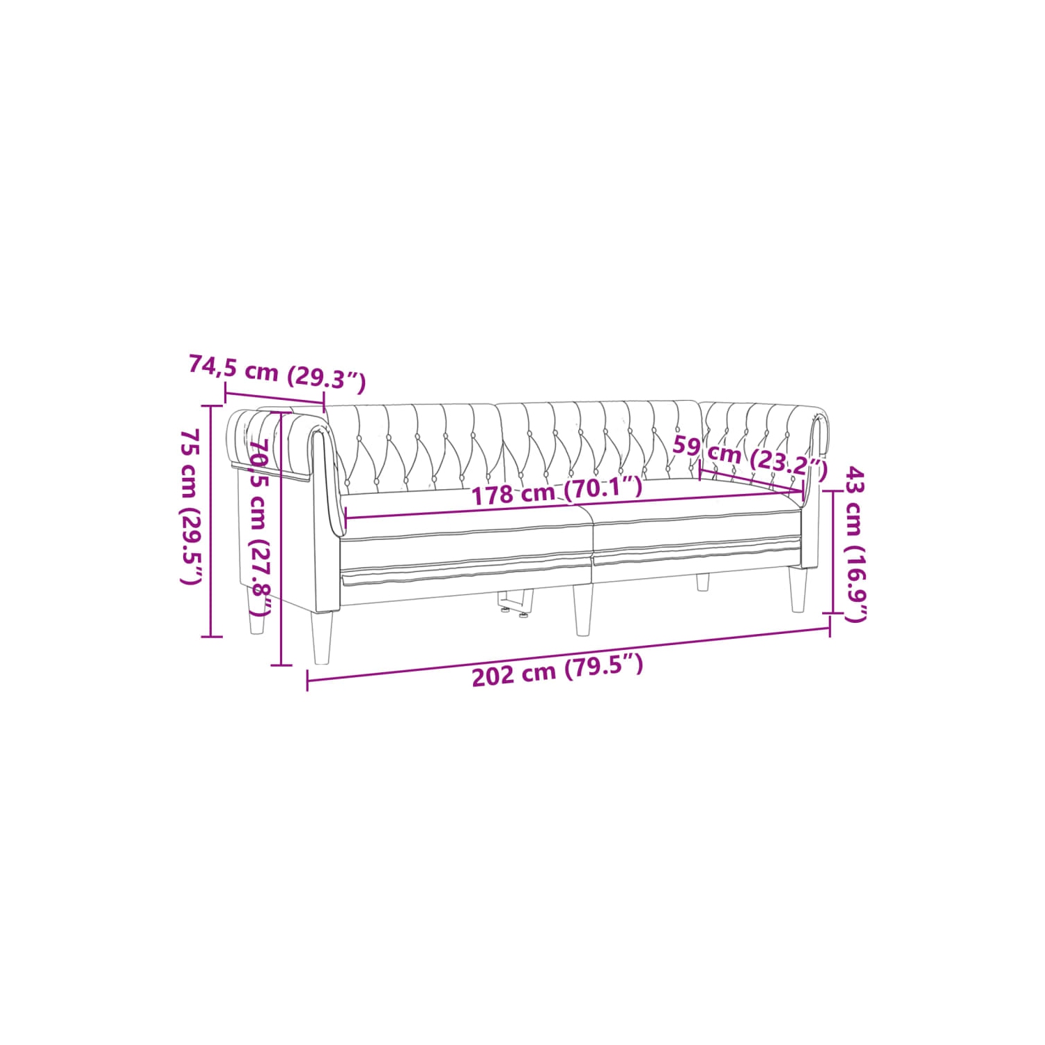 Canapé 3 places Chesterfield vidaXL, tissu brun