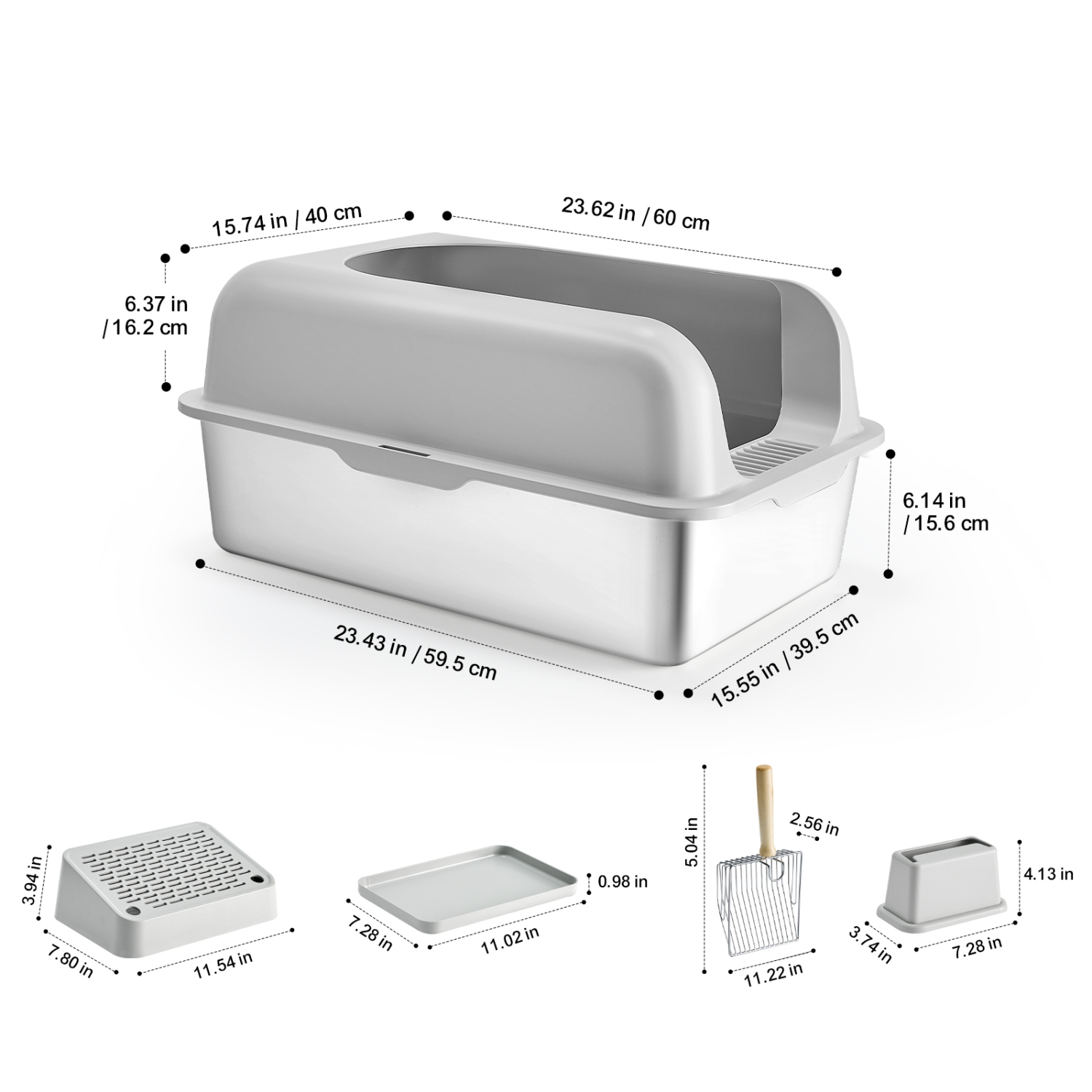 Bac à litière profond pour chats VEVOR 6&nbsp;pouces, très grand bac à litière en acier inoxydable avec pelle, grand pied filtrant et côtés hauts,
