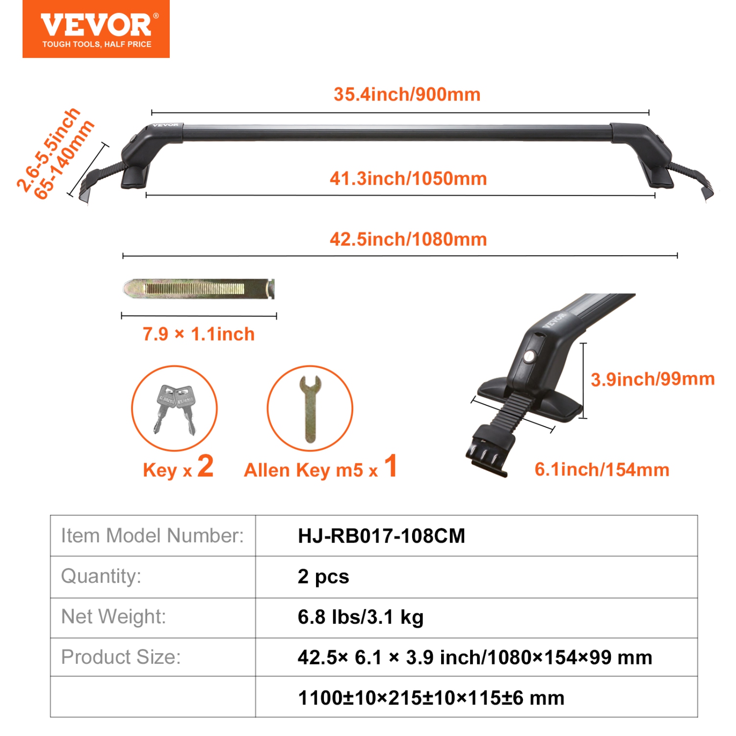 VEVOR Universal Roof Rack Cross Bars, 41.3" Aluminum Roof Rack Crossbars, Fit Roof without Side Rail, 155 lbs Load Capacity, Adjustable Bare Roof