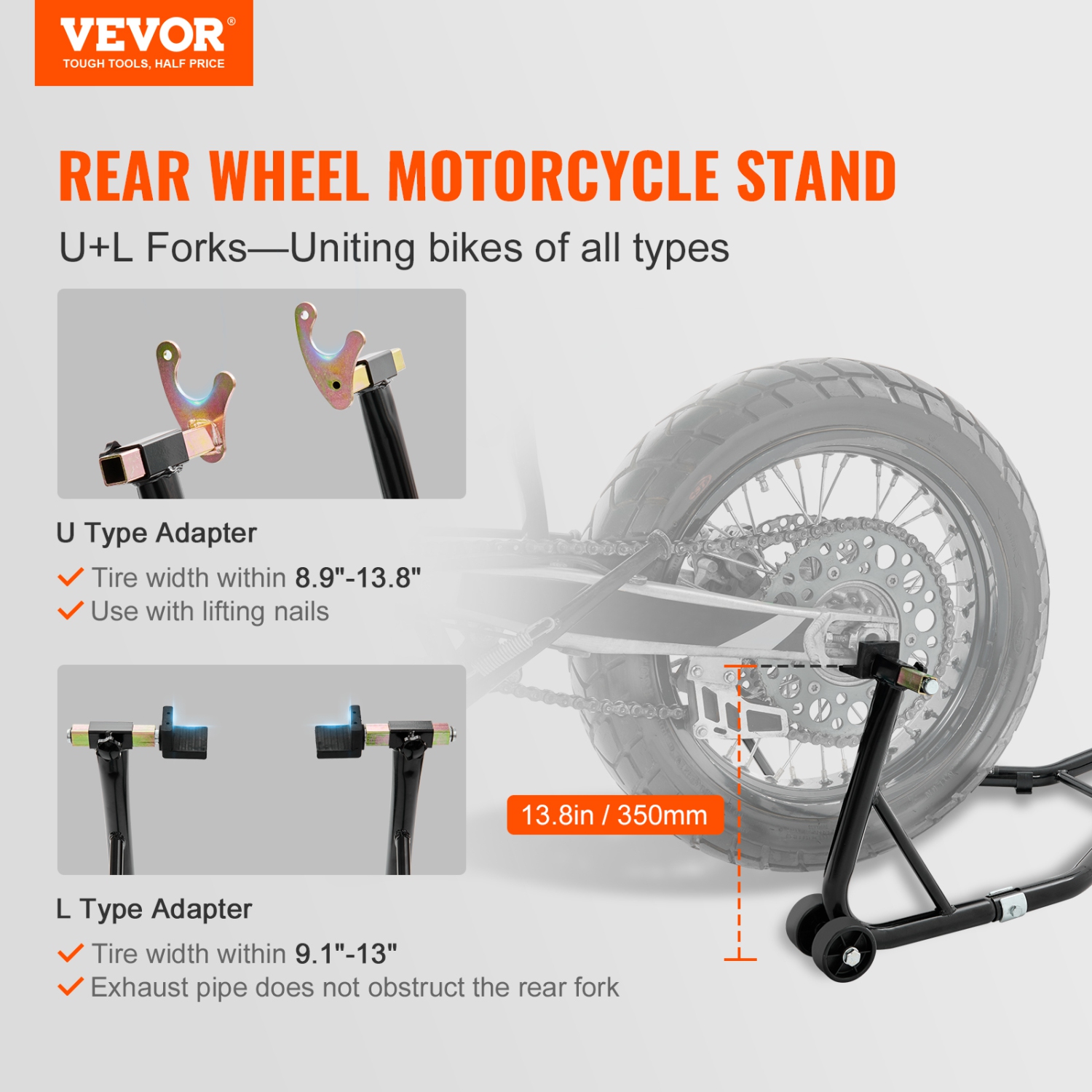 VEVOR Motorcycle Rear Wheel Stand, with U + L Fork Swingarm Spool, 850 lbs Capacity Heavy Duty Rear Wheel Stand Motorcycle Lift Jack Stand, for
