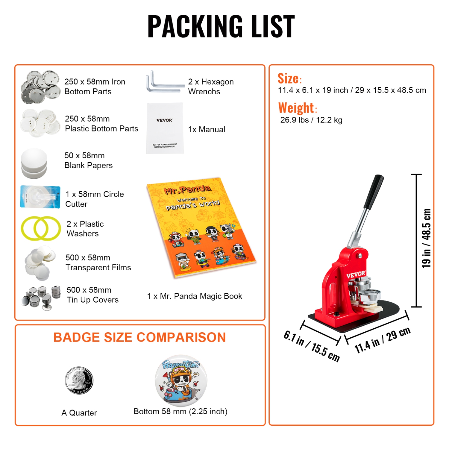 VEVOR 58 mm Button Maker Machine,Badge Punch Press Kit, Children DIY Gifts Pin Maker, Button Making Supplies with 500pcs Button Parts & Circle Cutter