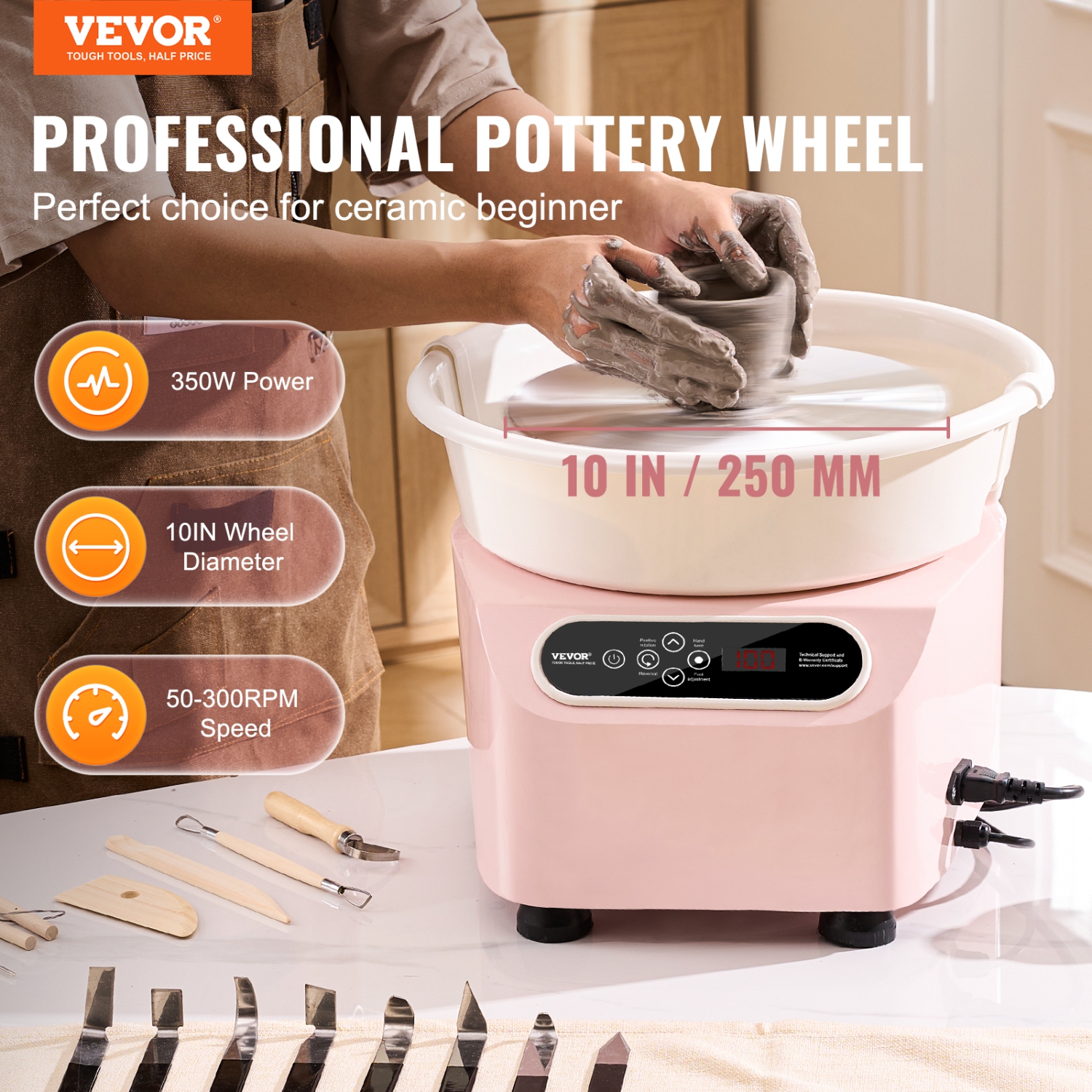 VEVOR 10 inch Pottery Wheel, 350W Electric Wheel for Pottery with Foot Pedal and LCD Touch Screen, Direct Drive Ceramic Wheel with Shaping Tools for