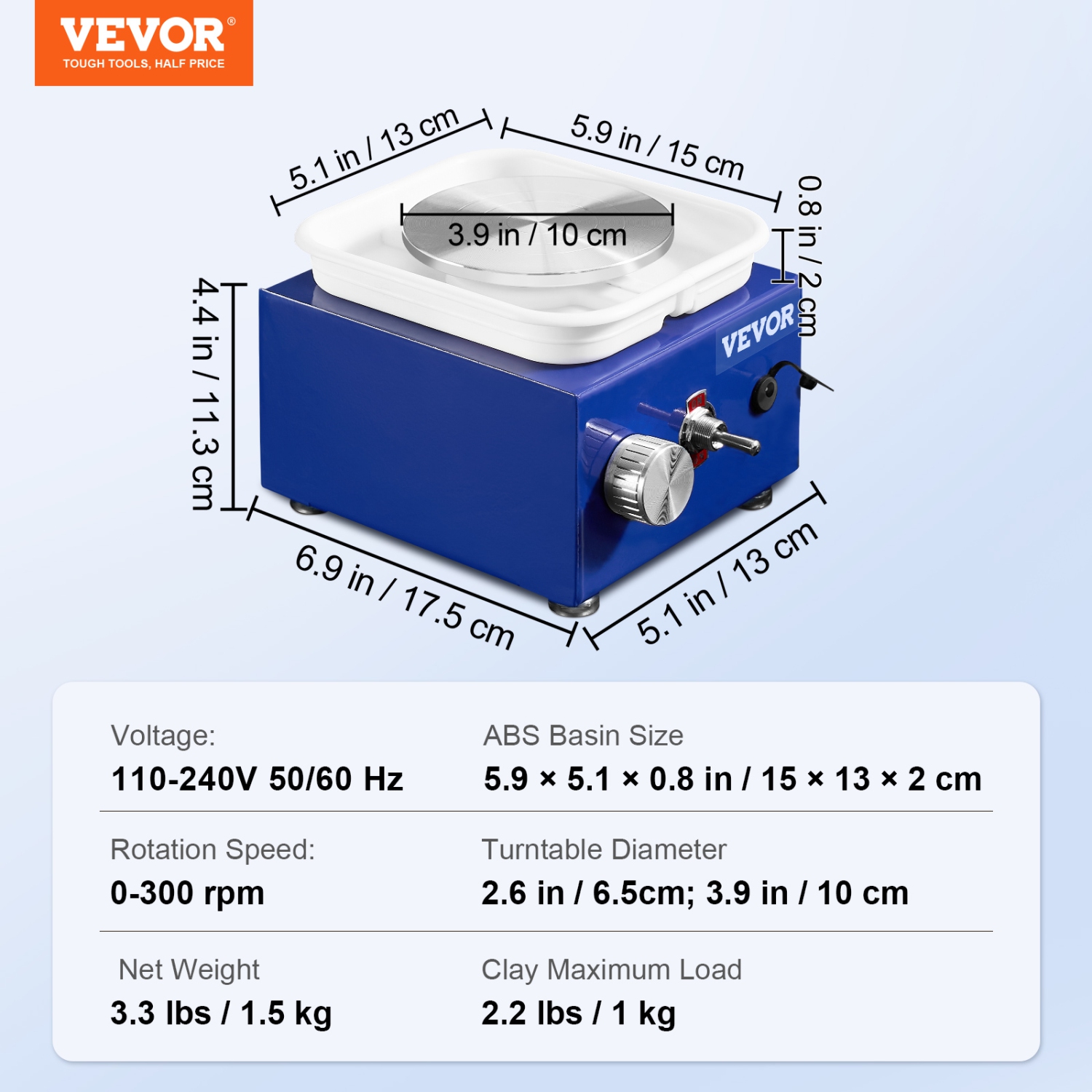 VEVOR 2 Turntables 2.6in/3.9in Mini Pottery Wheel, for Kids or Beginners, Adjustable 0-300RPM Speed ABS Detachable Basin, 17 Pottery Accessories,