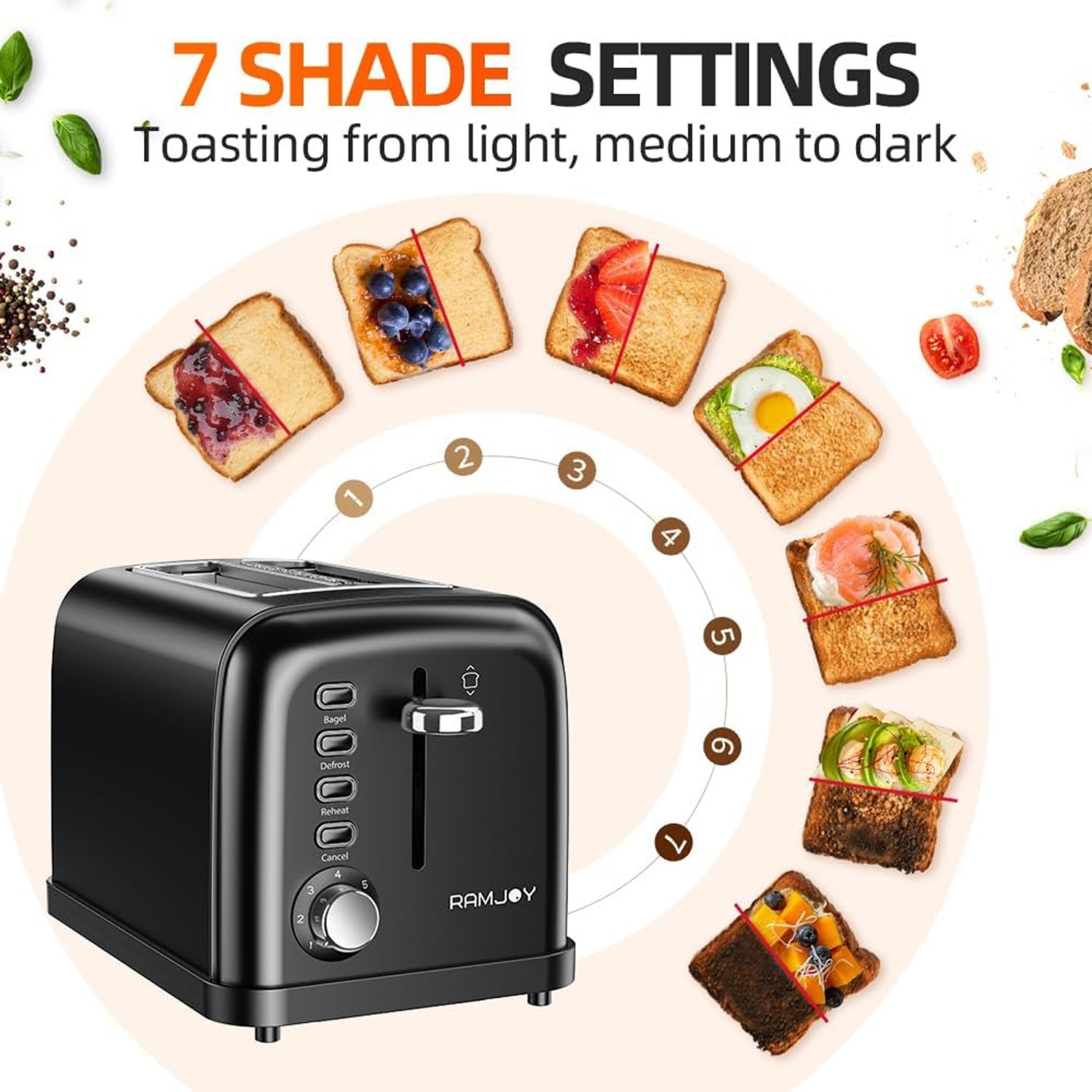 RAMJOY 2-Slice Toaster, Extra-Wide Slots, 7 Shade Settings, 4 Functions, Removable Crumb Tray, 900W, Black Stainless Steel.
