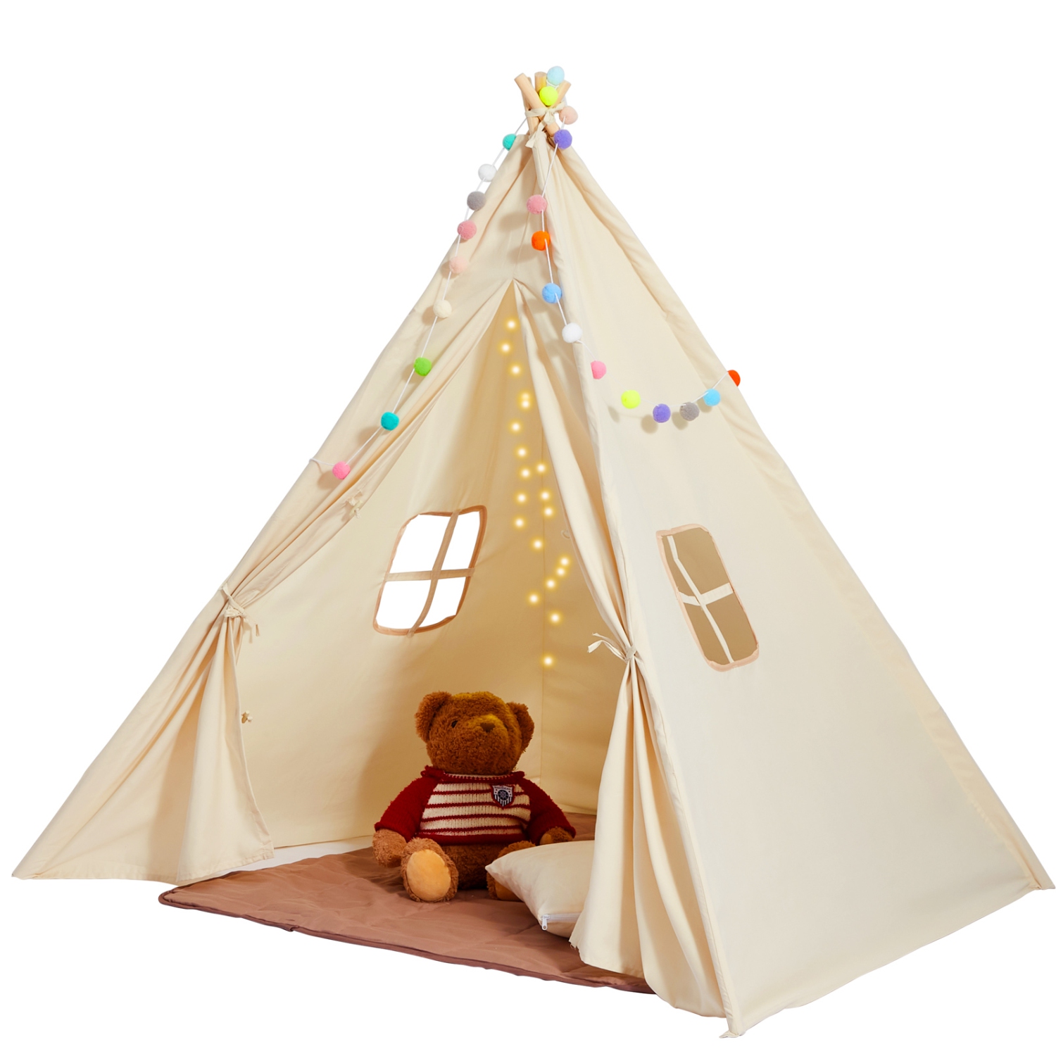 VEVOR Kids Play Tent, Teepee Tent for Kids 1-5 Years Old, Toddler Tent with Mat and Plush Decorative Balls, Tent for Kids with Windows for Indoor and