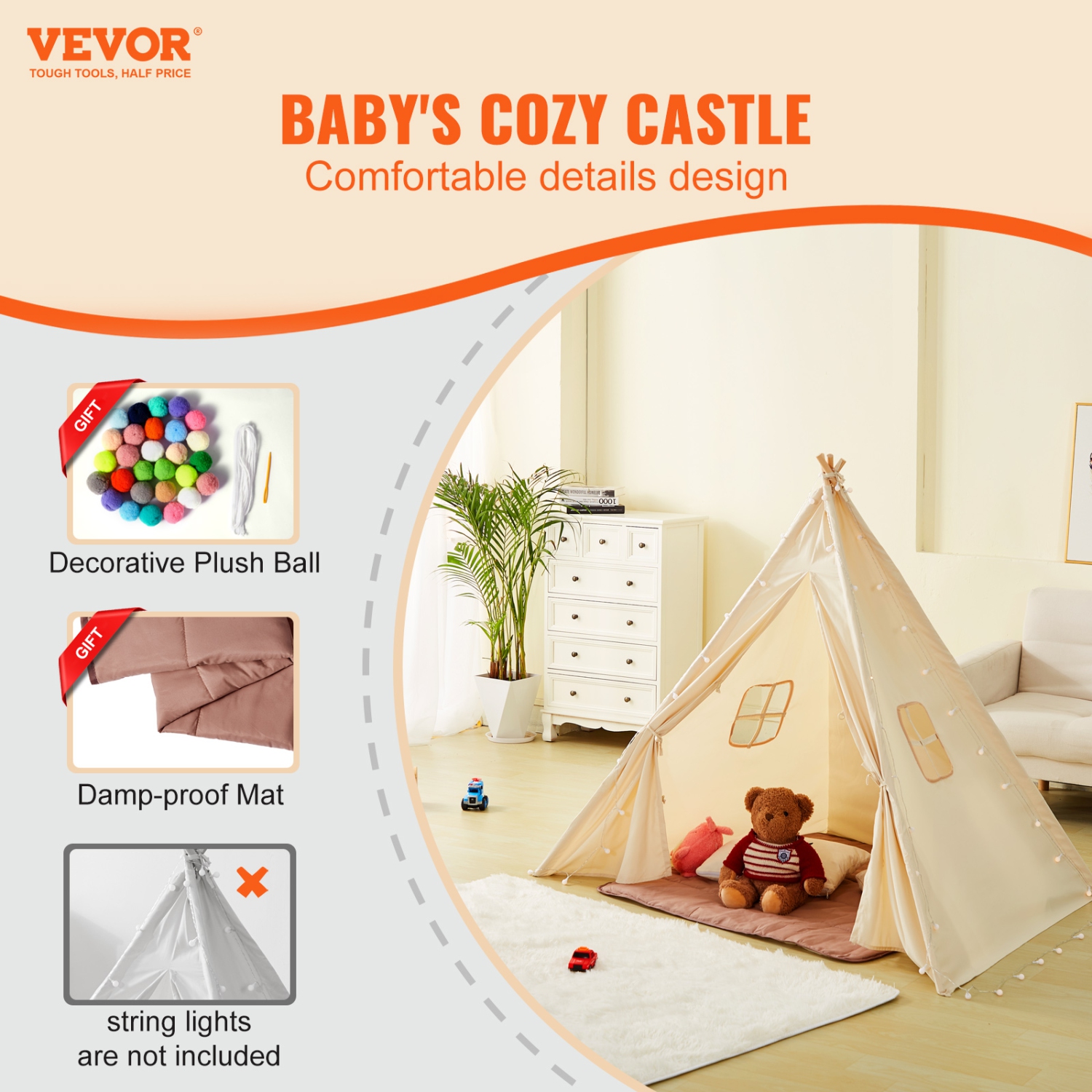 VEVOR Kids Play Tent, Teepee Tent for Kids 1-5 Years Old, Toddler Tent with Mat and Plush Decorative Balls, Tent for Kids with Windows for Indoor and