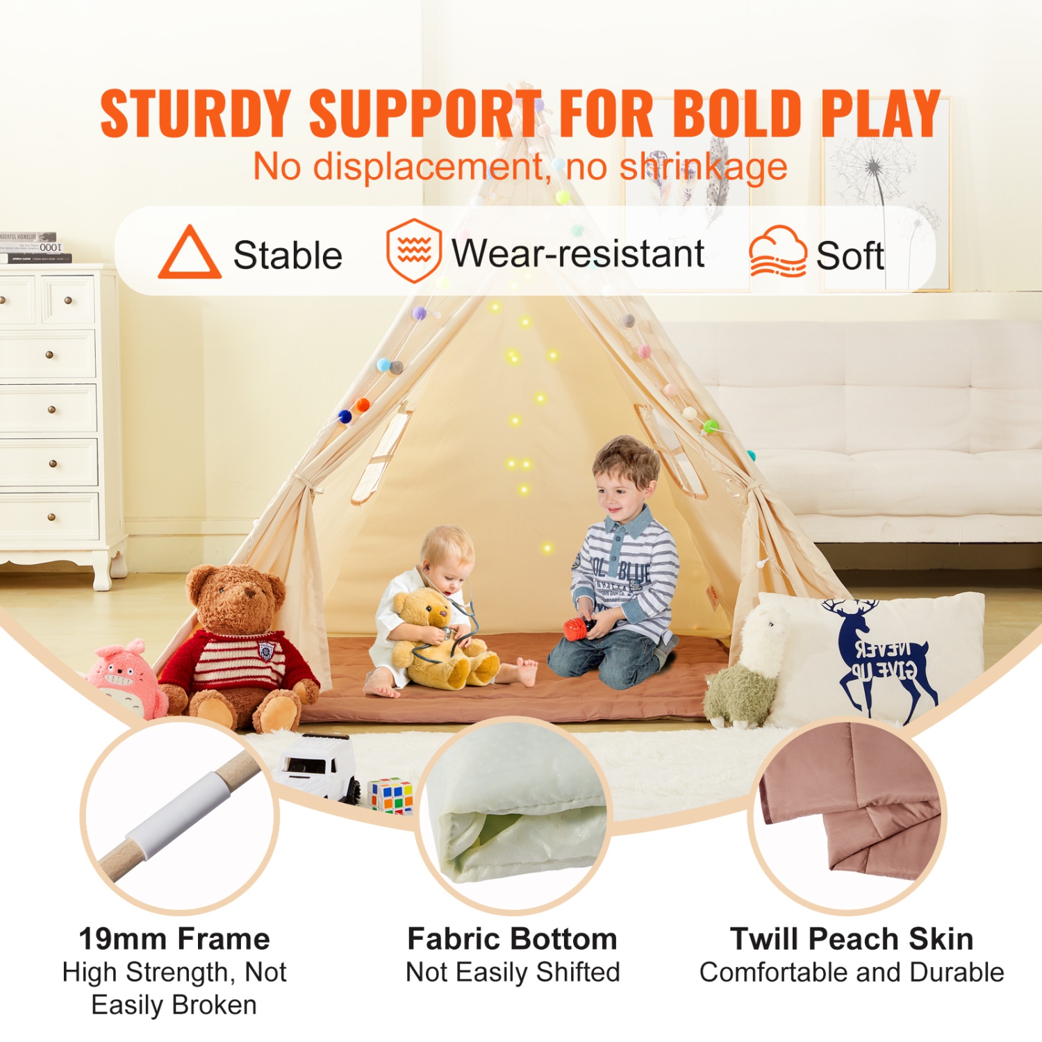 VEVOR Kids Play Tent, Teepee Tent for Kids 1-5 Years Old, Toddler Tent with Mat and Plush Decorative Balls, Tent for Kids with Windows for Indoor and