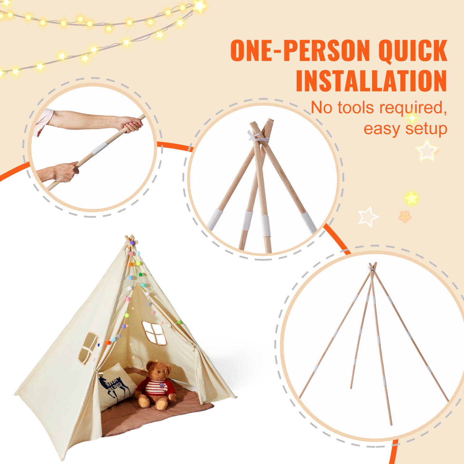 VEVOR Kids Play Tent, Teepee Tent for Kids 1-5 Years Old, Toddler Tent with Mat and Plush Decorative Balls, Tent for Kids with Windows for Indoor and